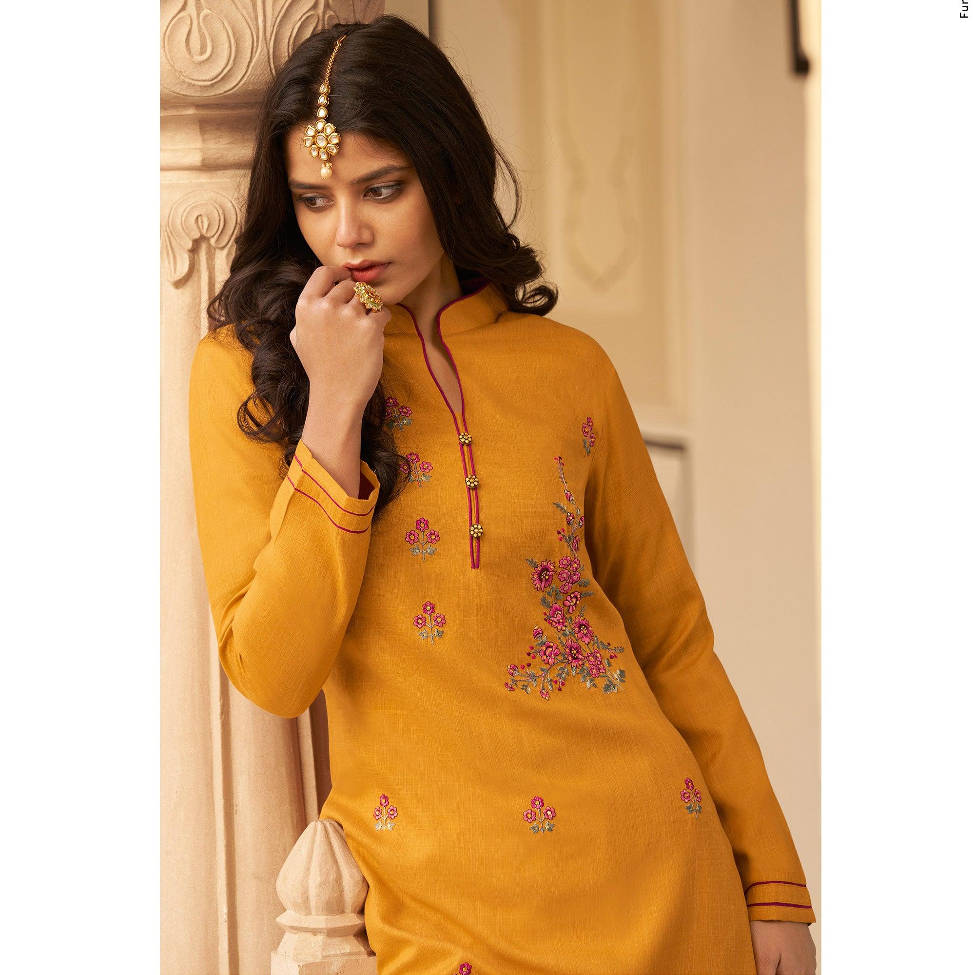 Mustard Yellow Casual Wear Floral Embroidered Silk Two Tone Palazzo Suit - Peachmode