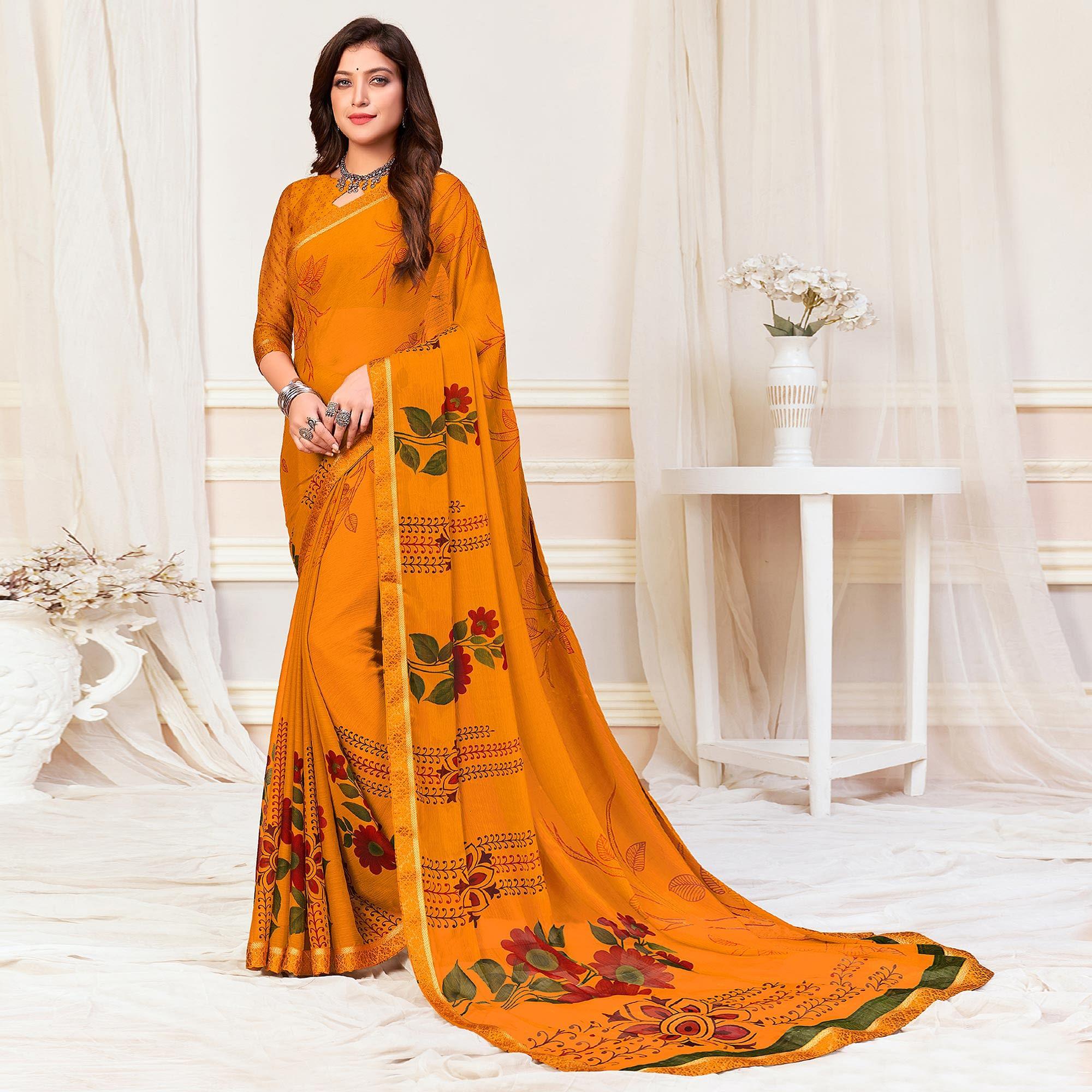 Mustard-Yellow Casual Wear Floral Printed Chiffon Saree - Peachmode