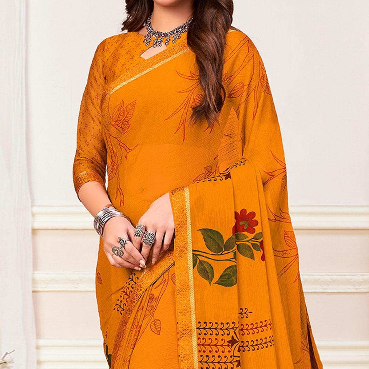 Mustard-Yellow Casual Wear Floral Printed Chiffon Saree - Peachmode