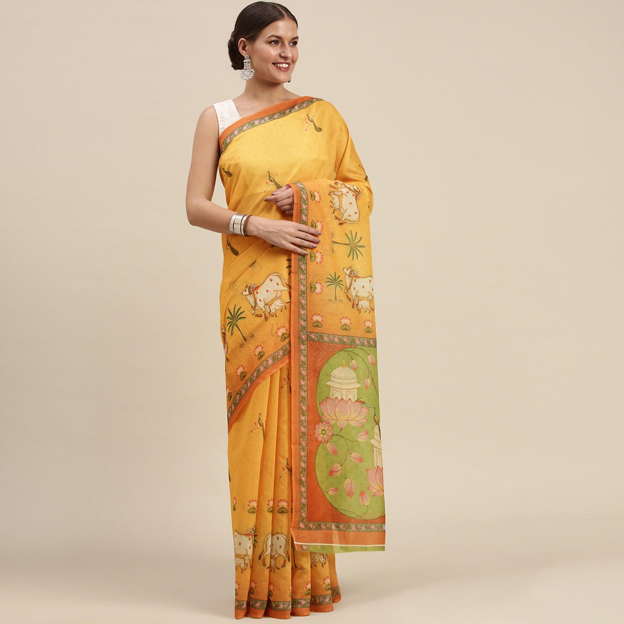 Mustard-Yellow Casual Wear Floral Printed Cotton Saree - Peachmode