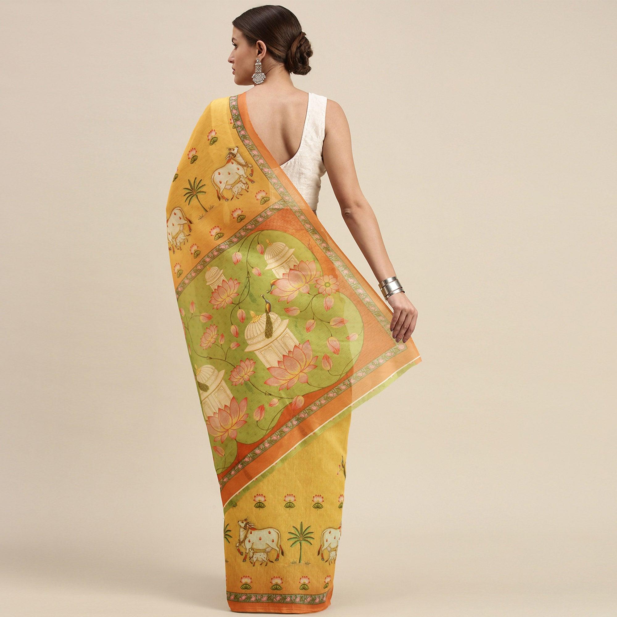 Mustard-Yellow Casual Wear Floral Printed Cotton Saree - Peachmode