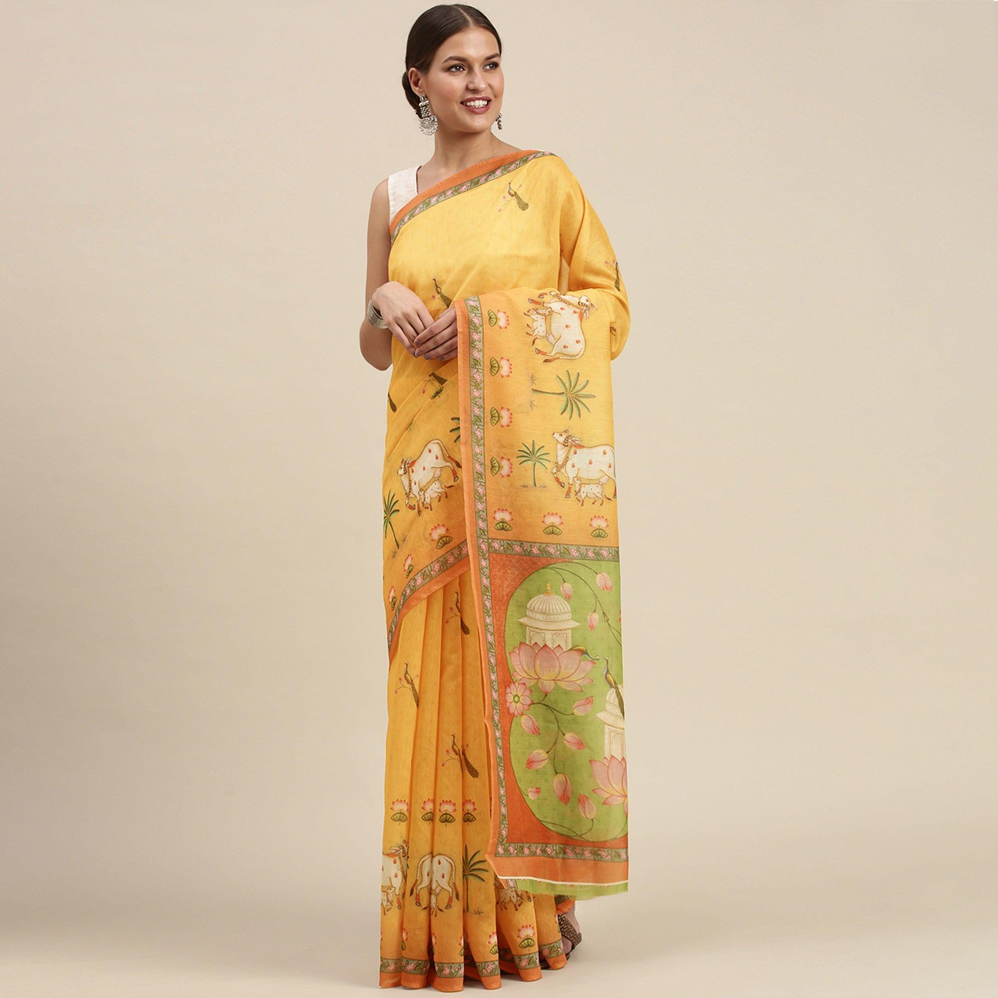 Mustard-Yellow Casual Wear Floral Printed Cotton Saree - Peachmode