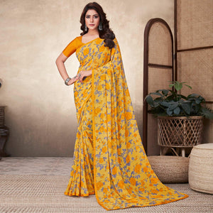 Mustard-Yellow Casual Wear Floral Printed Georgette Saree - Peachmode