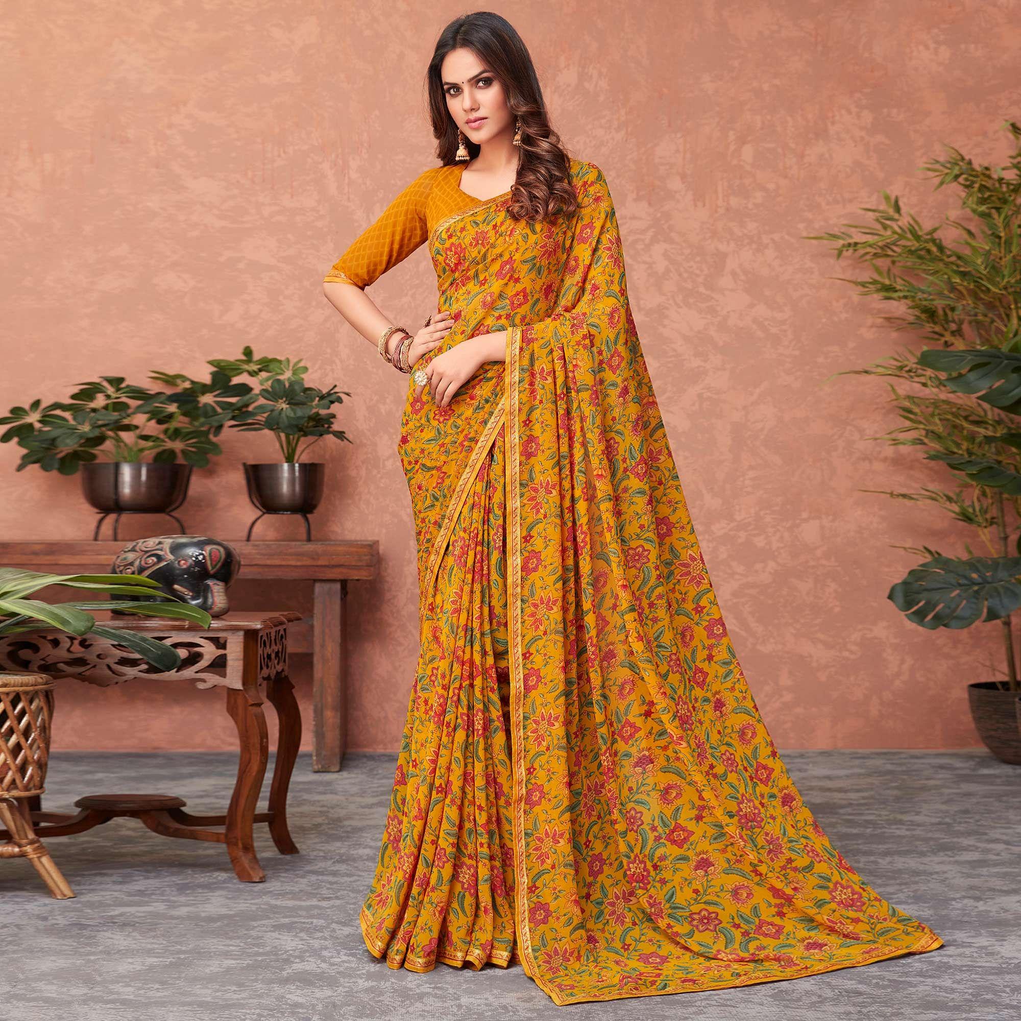 Mustard-Yellow Casual Wear Floral Printed Georgette Saree - Peachmode