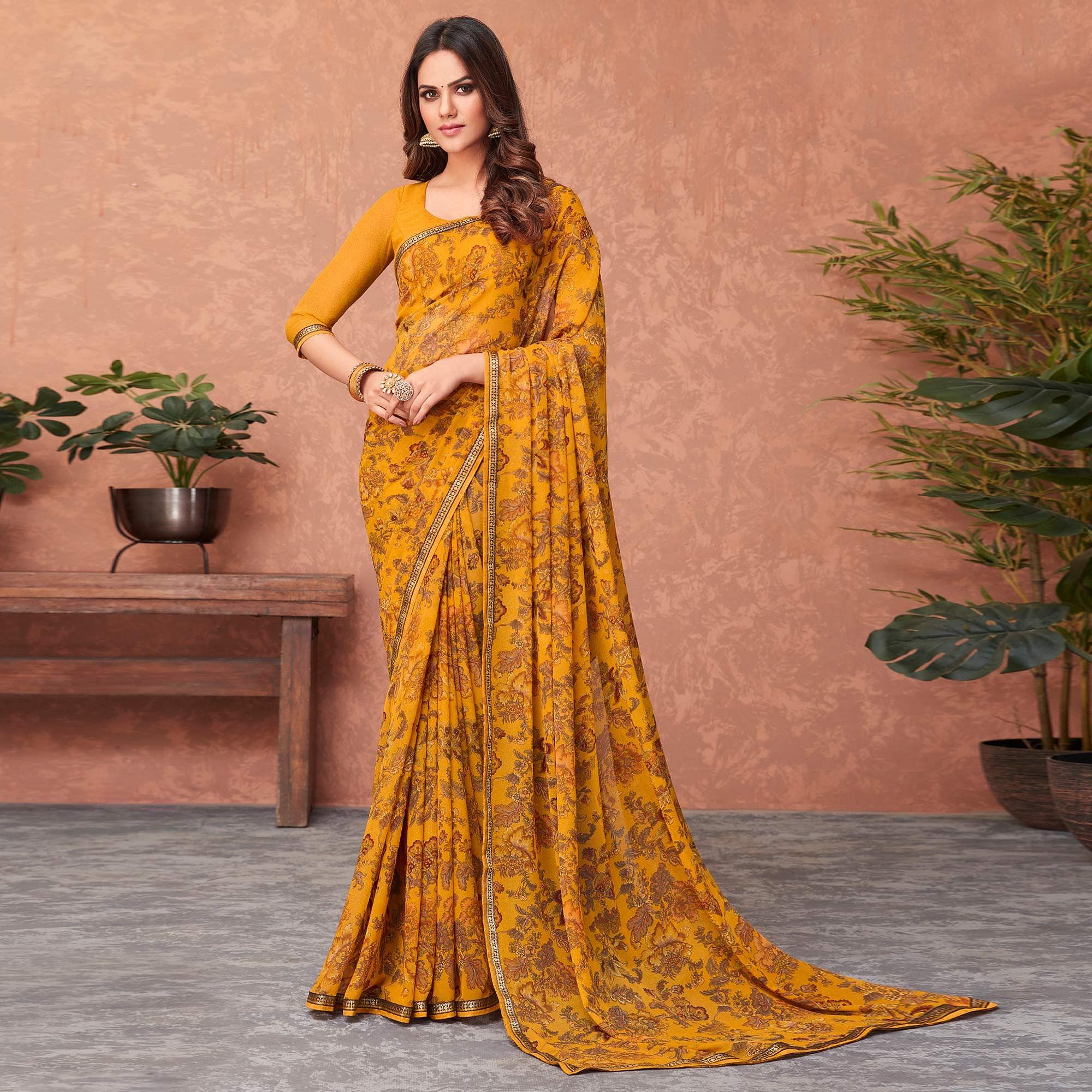 Mustard-Yellow Casual Wear Floral Printed Georgette Saree - Peachmode