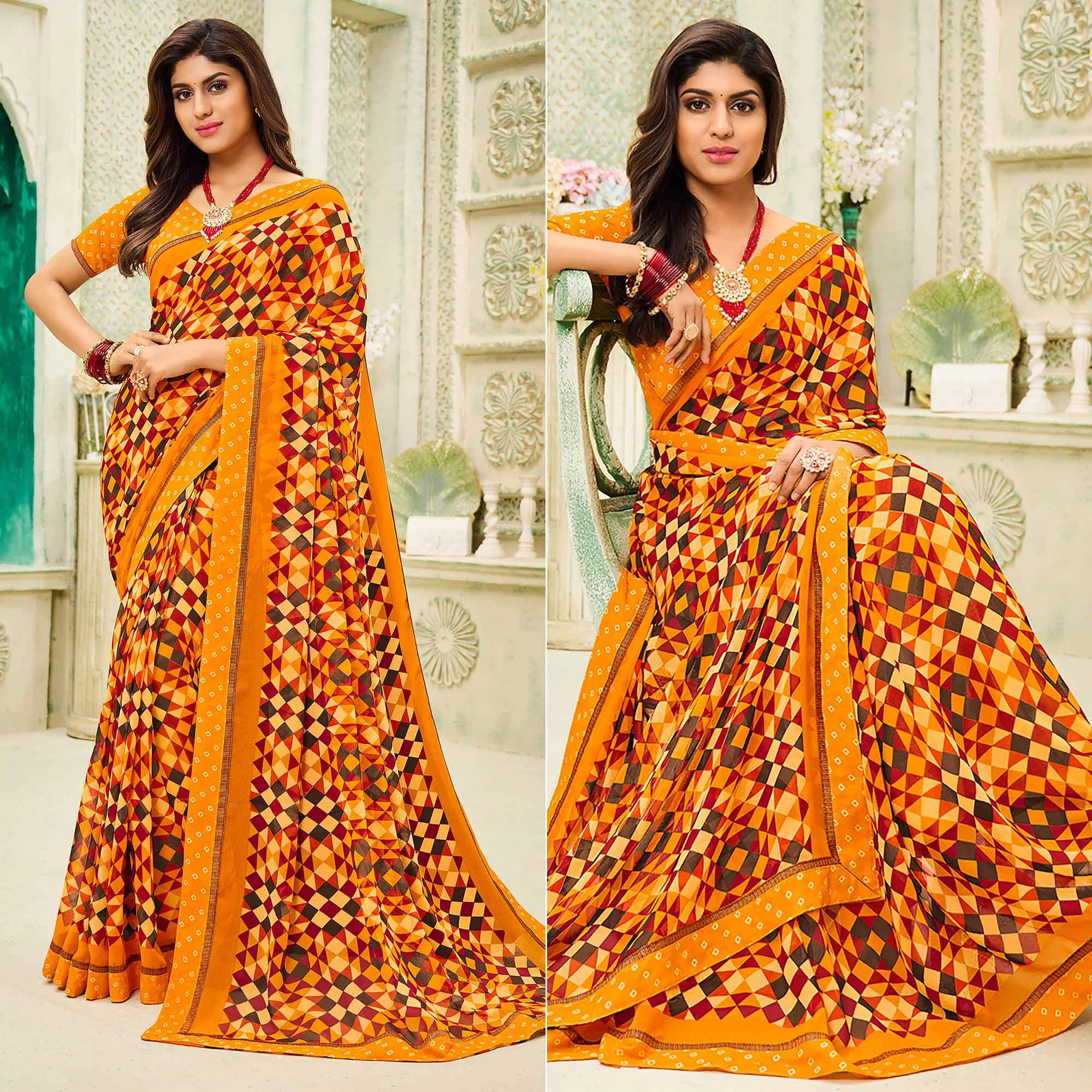 Mustard-Yellow Casual Wear Geometric Printed Georgette Saree - Peachmode