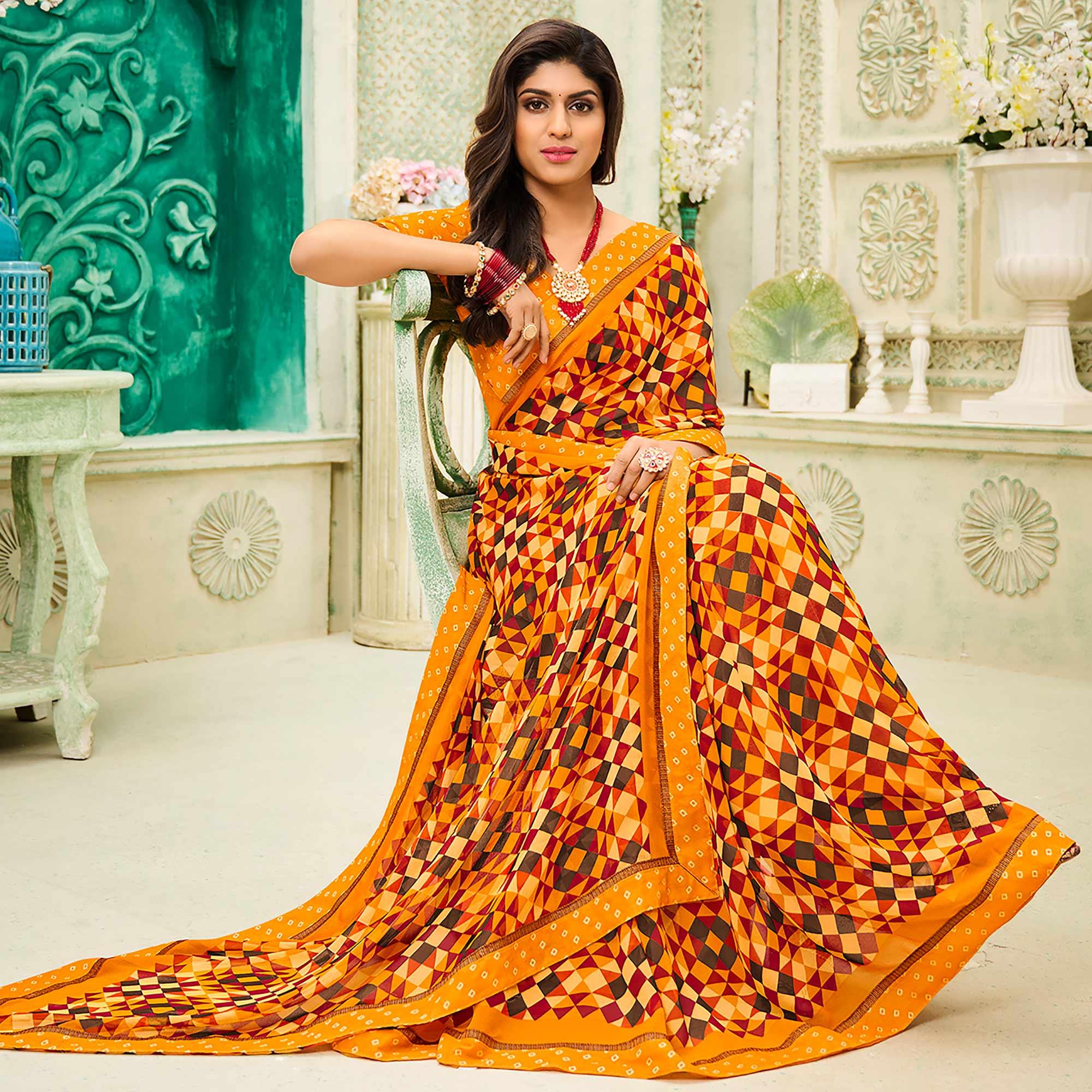 Mustard-Yellow Casual Wear Geometric Printed Georgette Saree - Peachmode