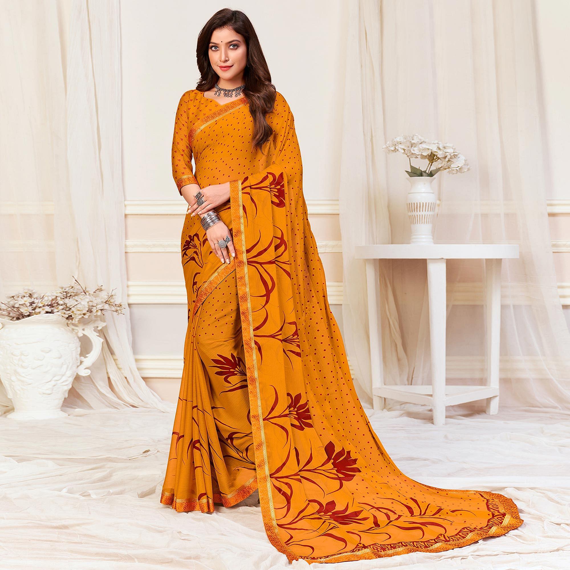 Mustard-Yellow Casual Wear Printed Chiffon Saree - Peachmode