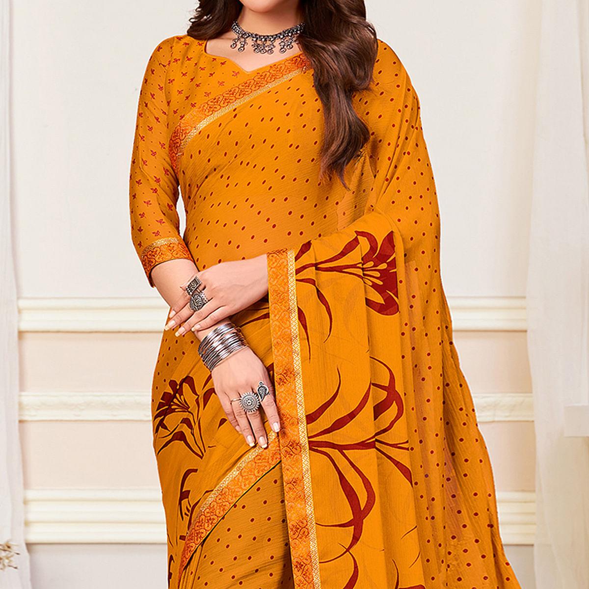 Mustard-Yellow Casual Wear Printed Chiffon Saree - Peachmode