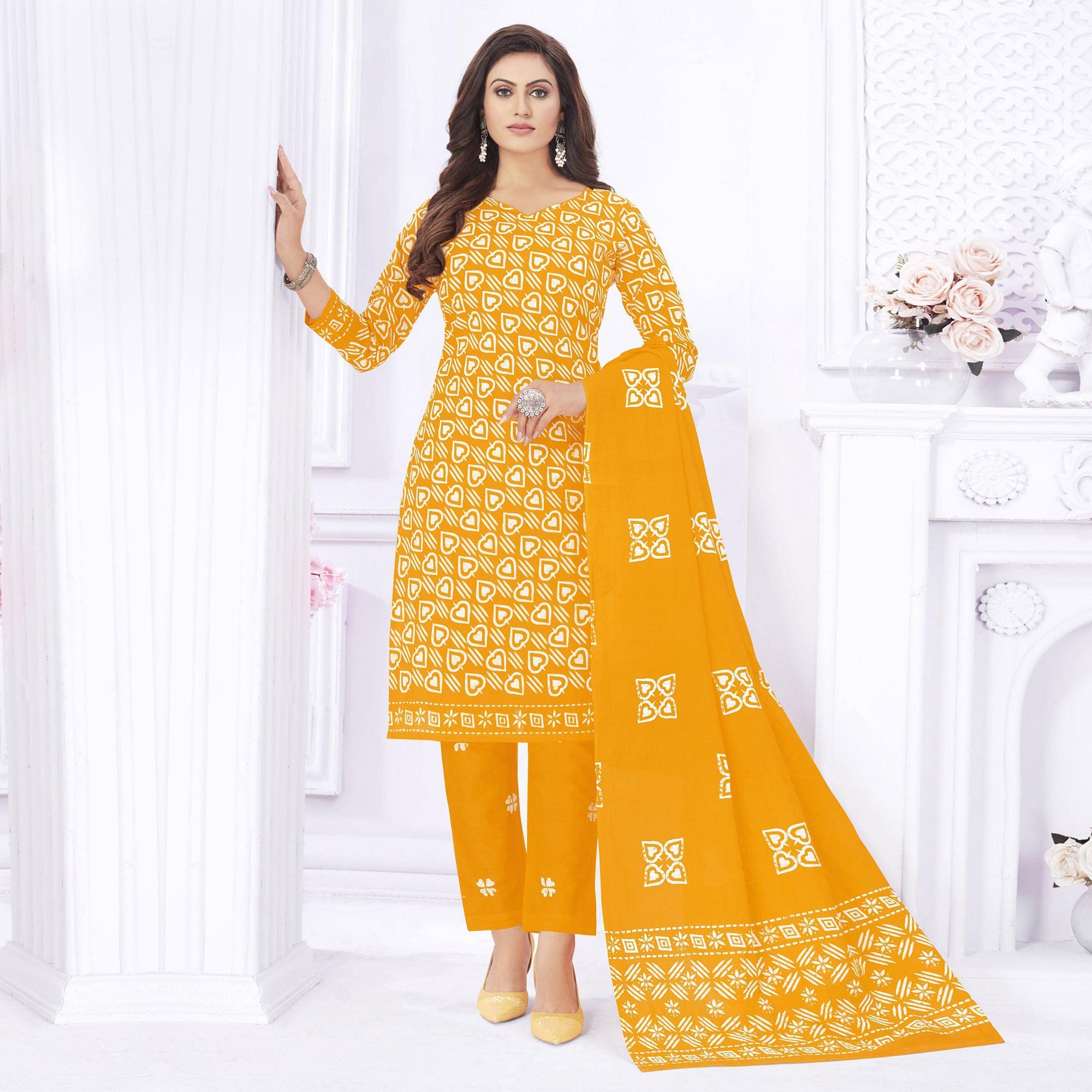 Mustard-Yellow Casual Wear Printed Cotton Dress Material - Peachmode