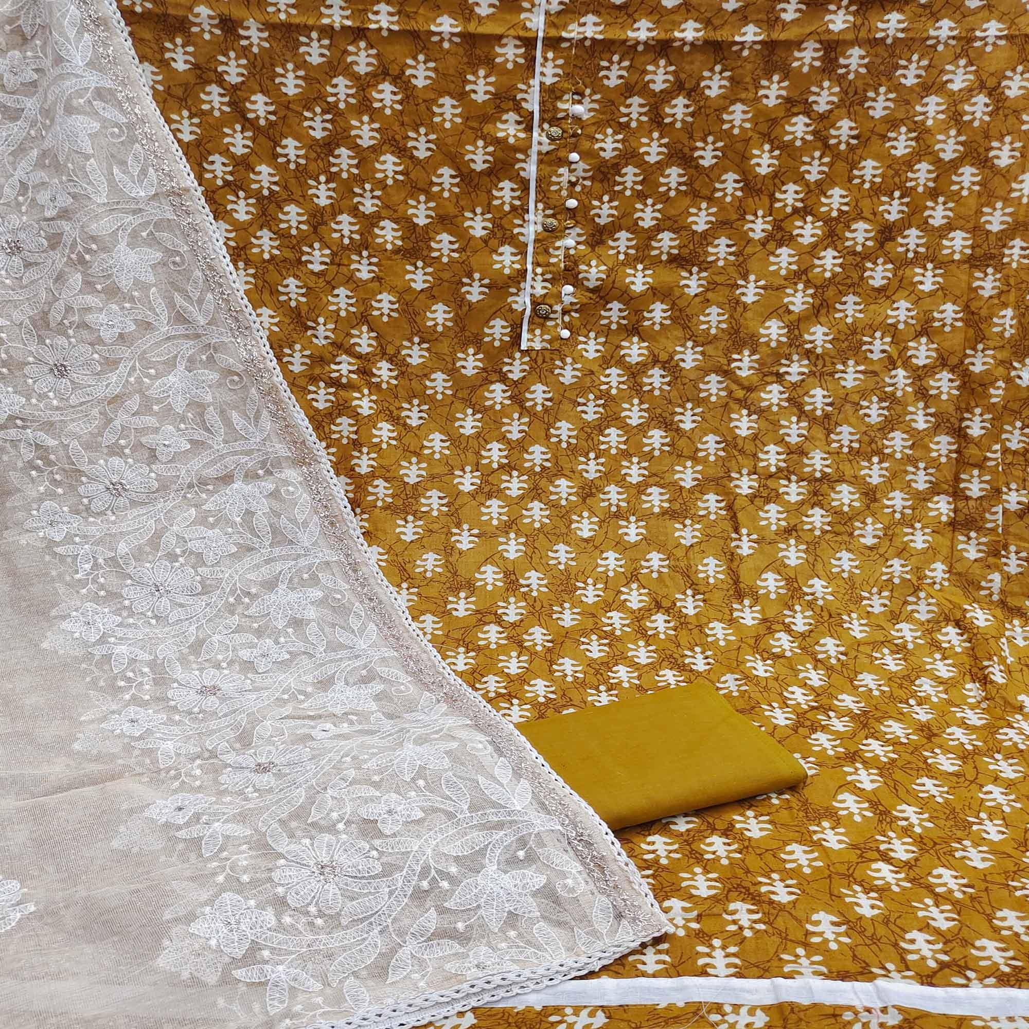 Mustard Yellow Casual Wear Printed Cotton Dress Material - Peachmode
