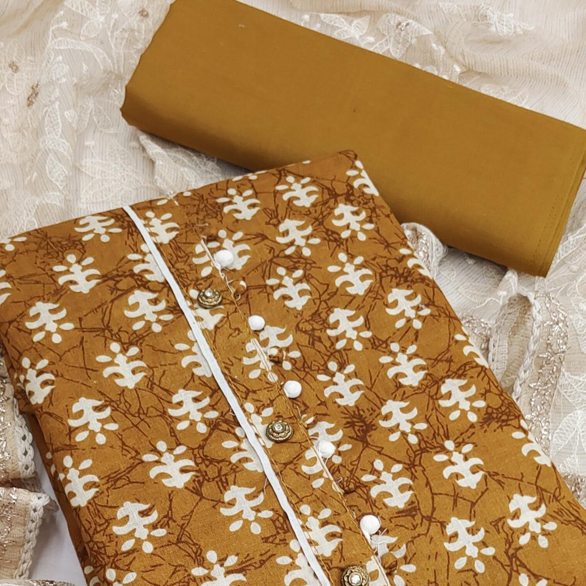 Mustard Yellow Casual Wear Printed Cotton Dress Material - Peachmode