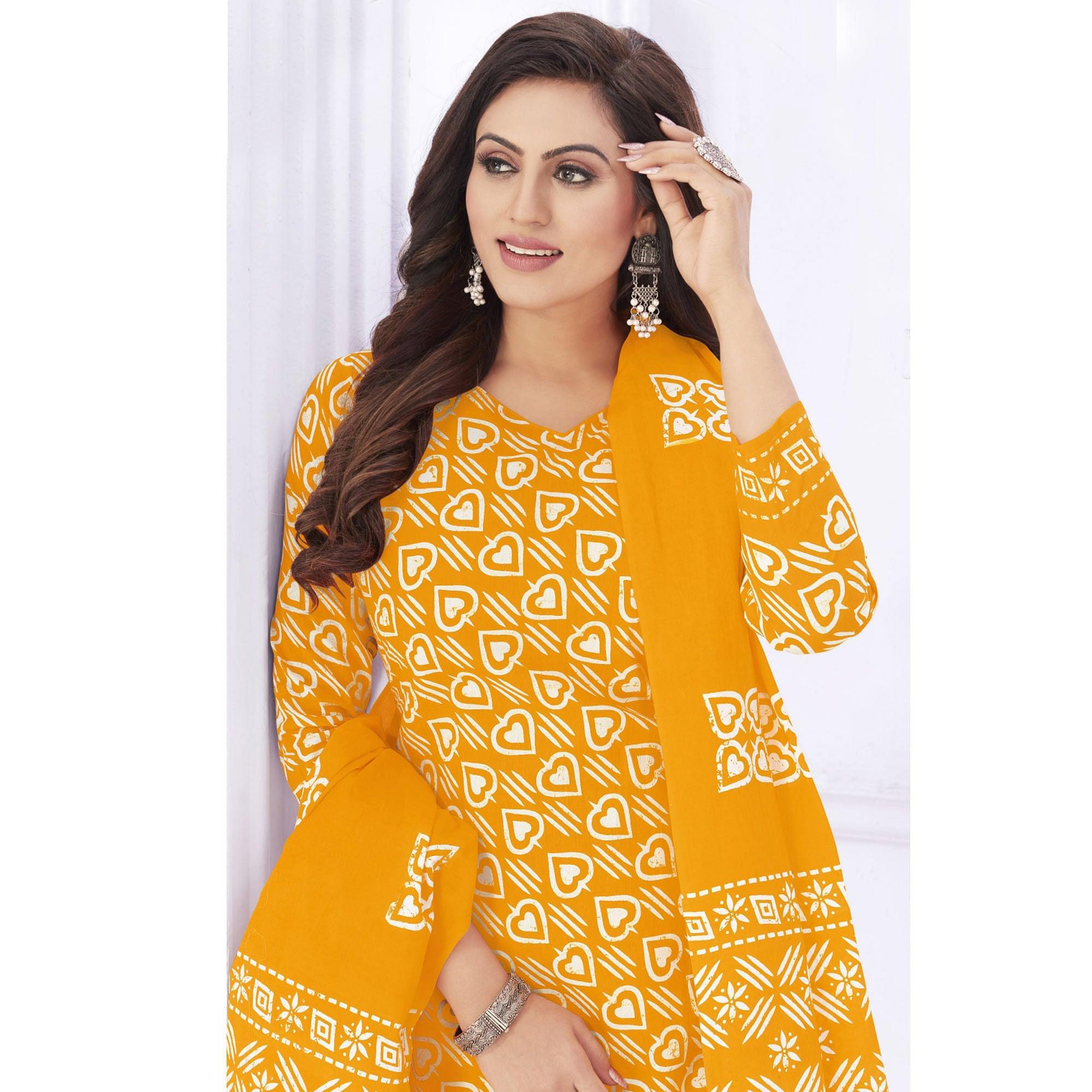 Mustard-Yellow Casual Wear Printed Cotton Dress Material - Peachmode