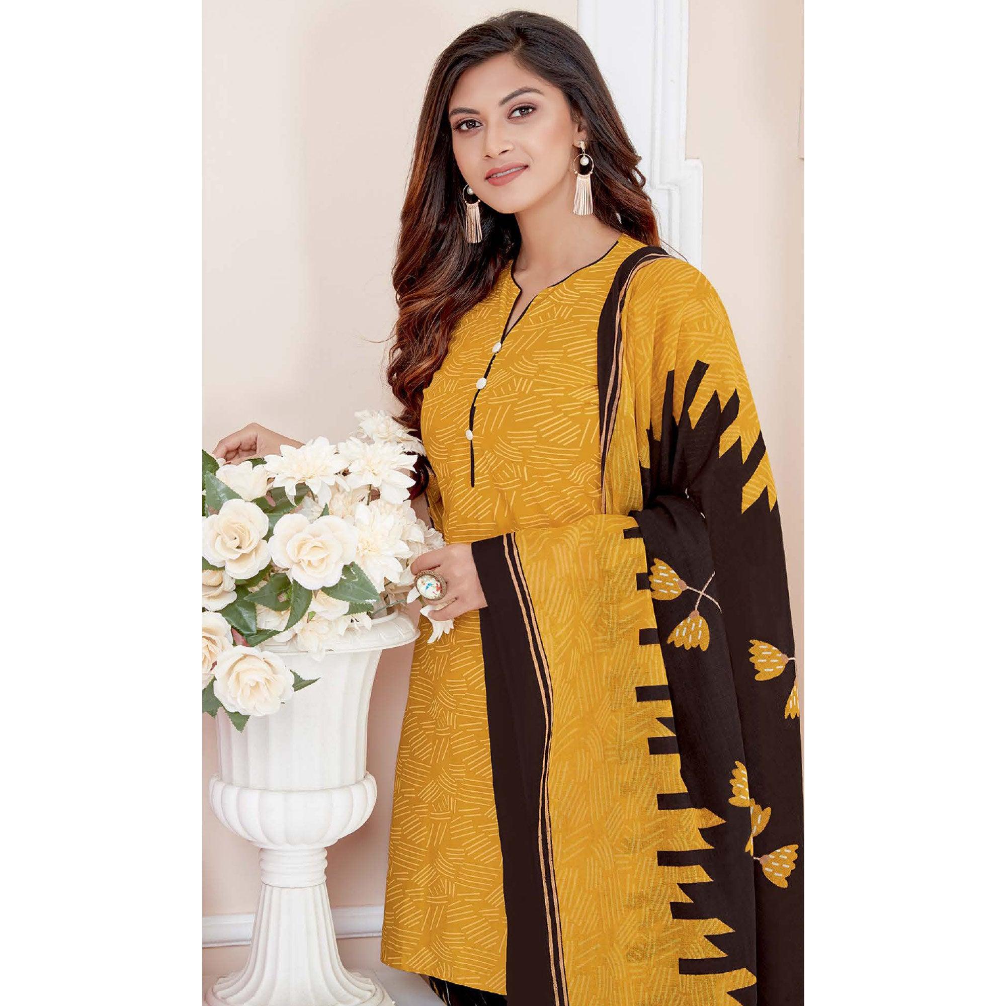Mustard Yellow Casual Wear Printed Cotton Patiala Dress Material - Peachmode