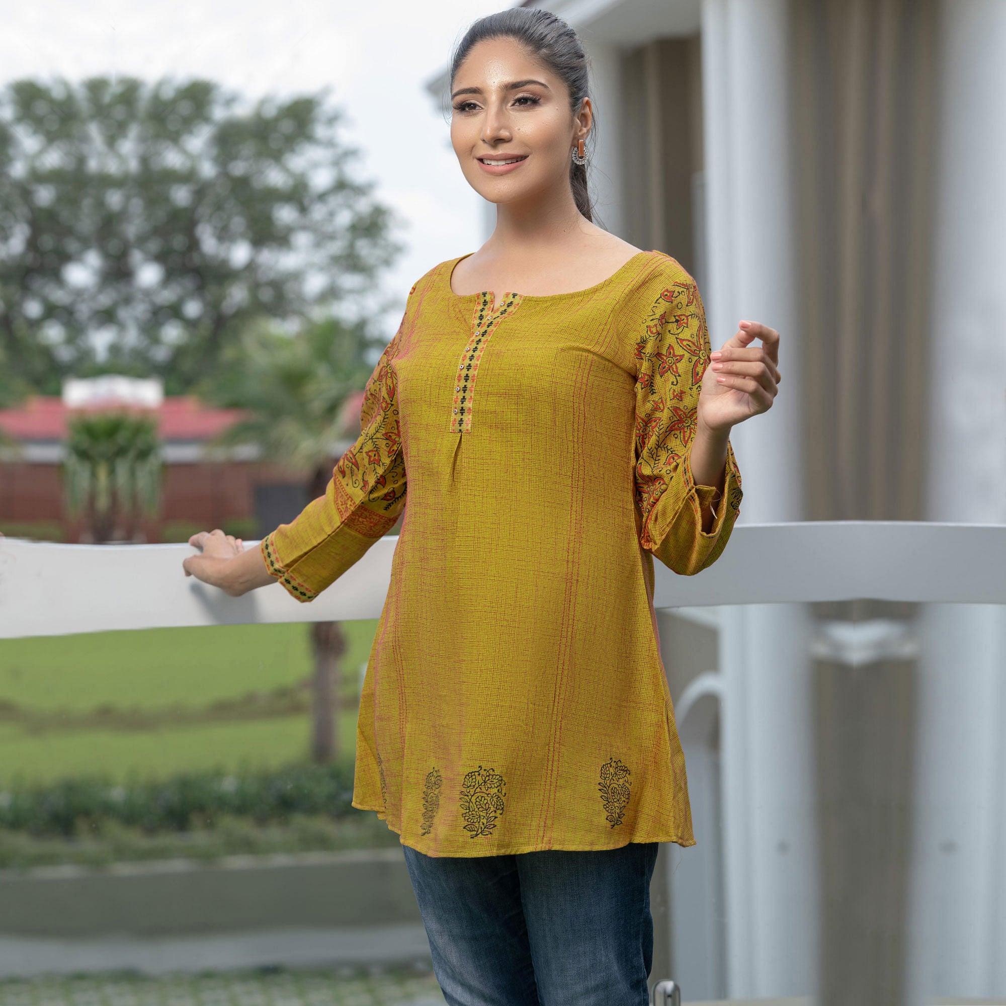 Mustard Yellow Casual Wear Printed Cotton Top - Peachmode