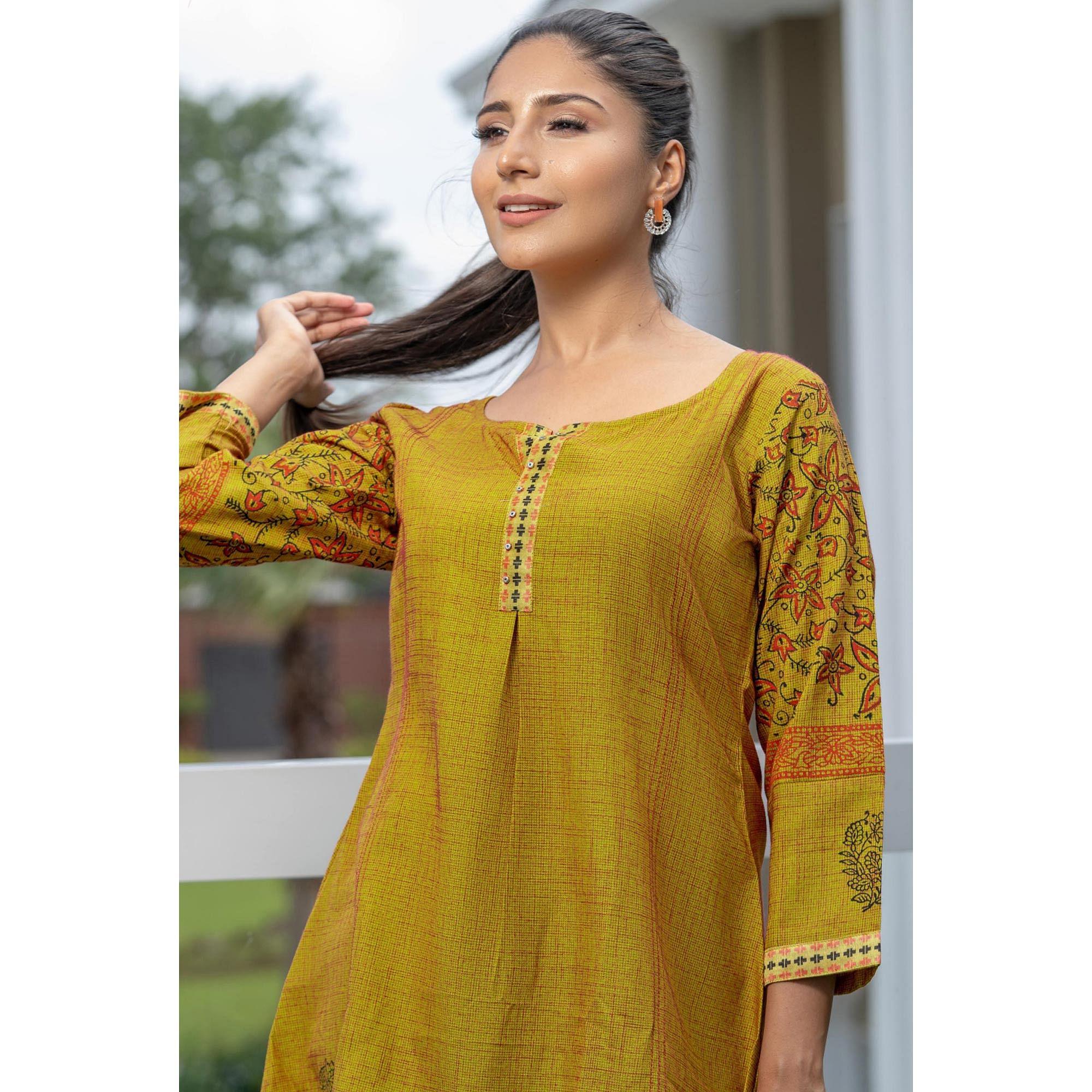 Mustard Yellow Casual Wear Printed Cotton Top - Peachmode