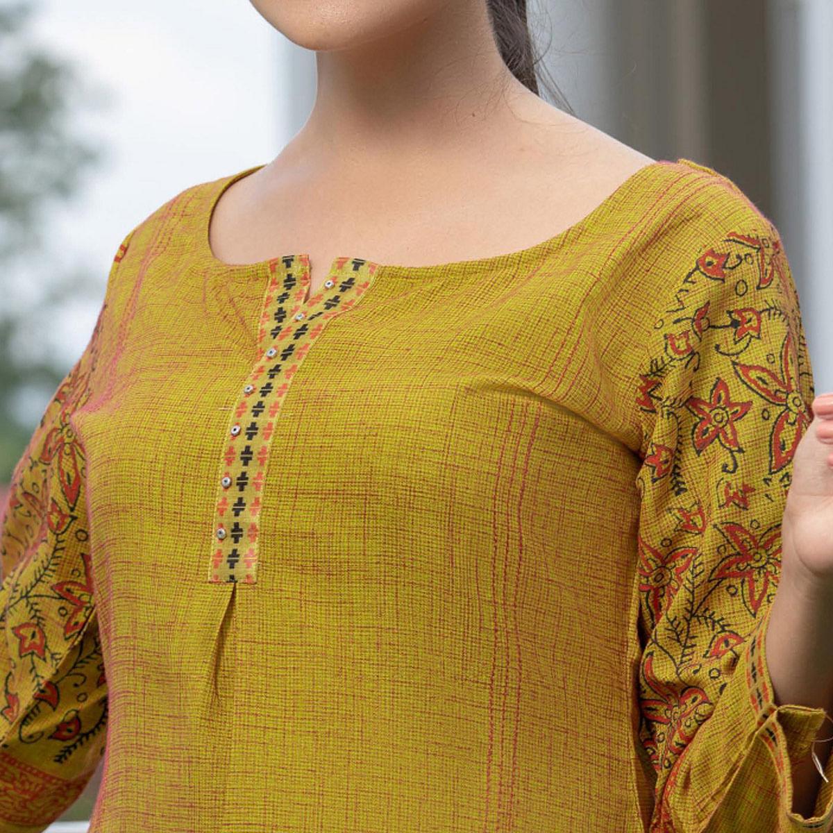 Mustard Yellow Casual Wear Printed Cotton Top - Peachmode