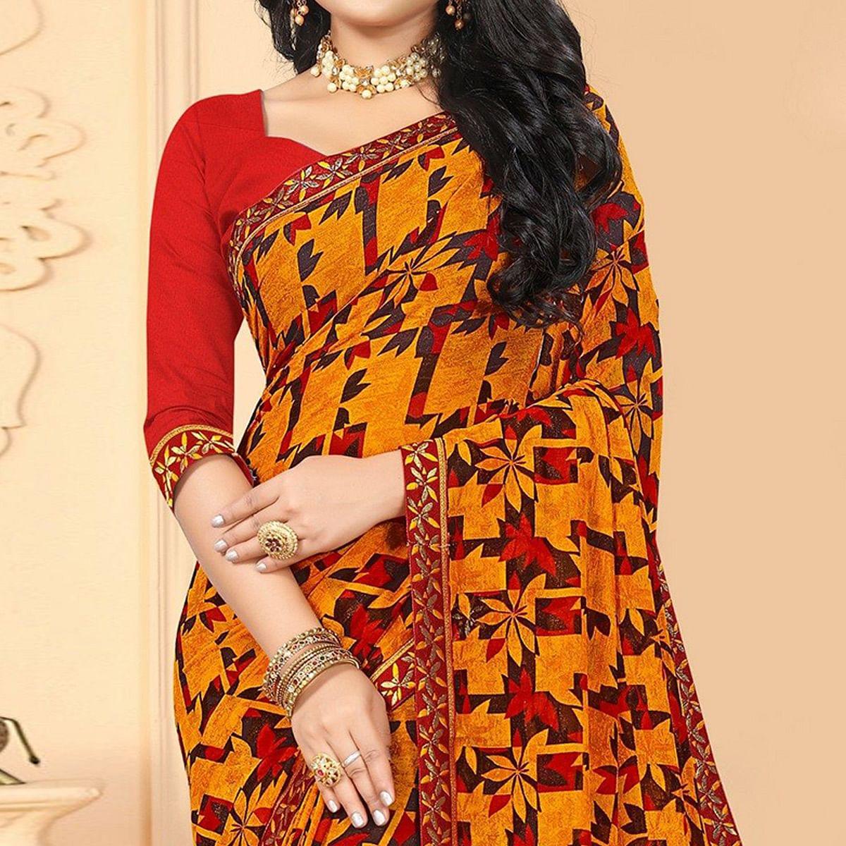 Mustard-Yellow Casual Wear Printed Georgette Designer Saree - Peachmode