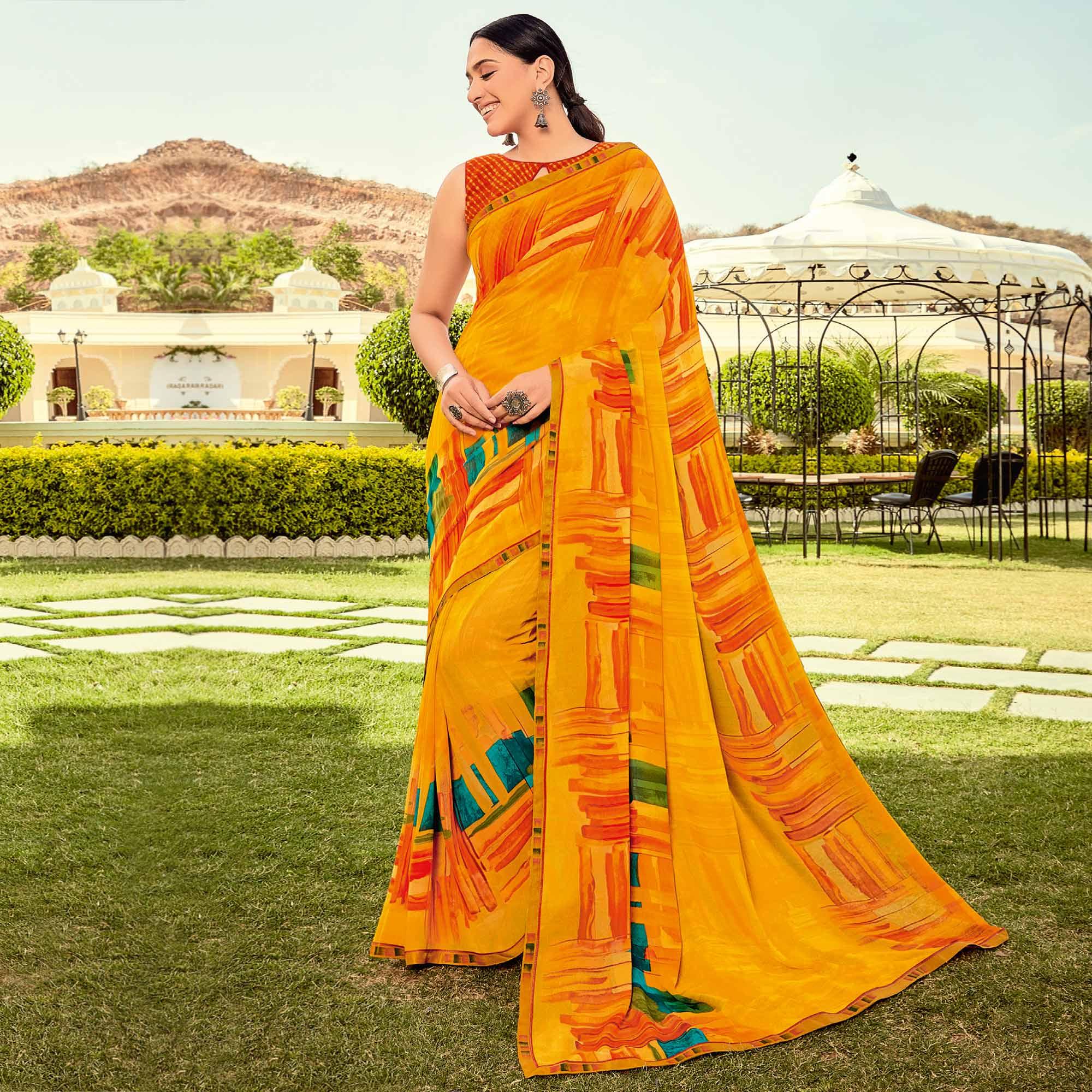 Mustard Yellow Casual Wear Printed Georgette Saree - Peachmode