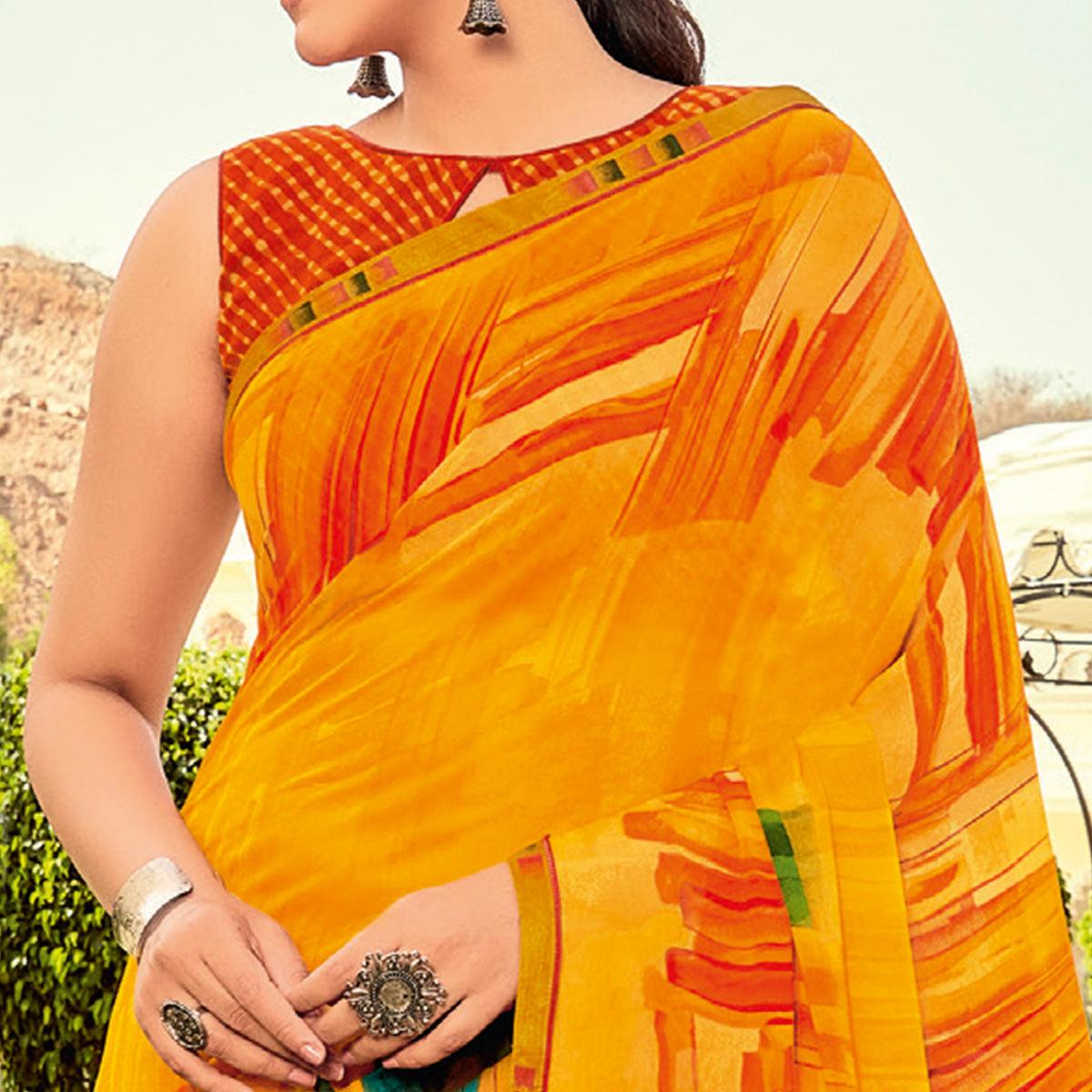 Mustard Yellow Casual Wear Printed Georgette Saree - Peachmode