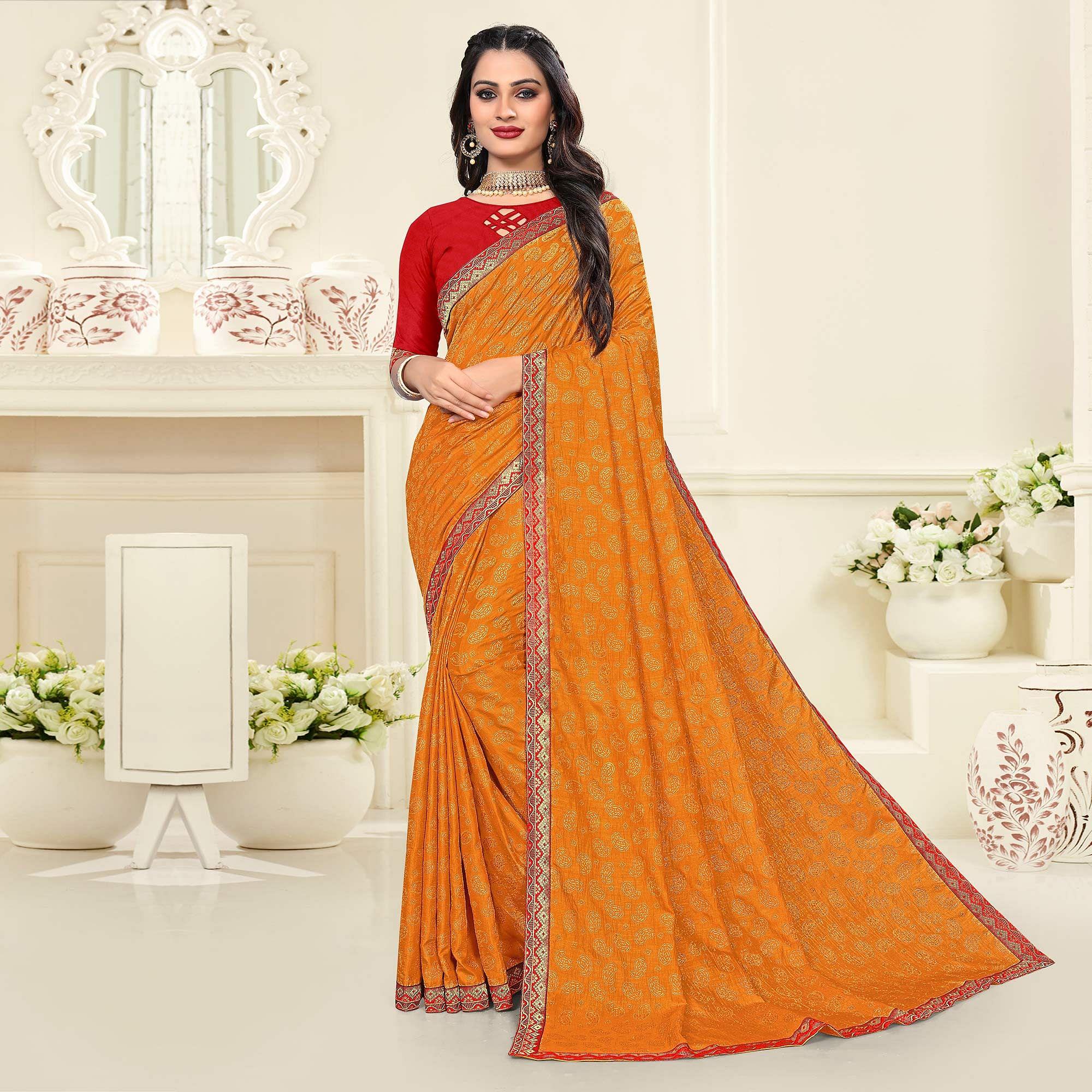 Mustard-Yellow Casual Wear Printed Vichitra Silk Saree - Peachmode
