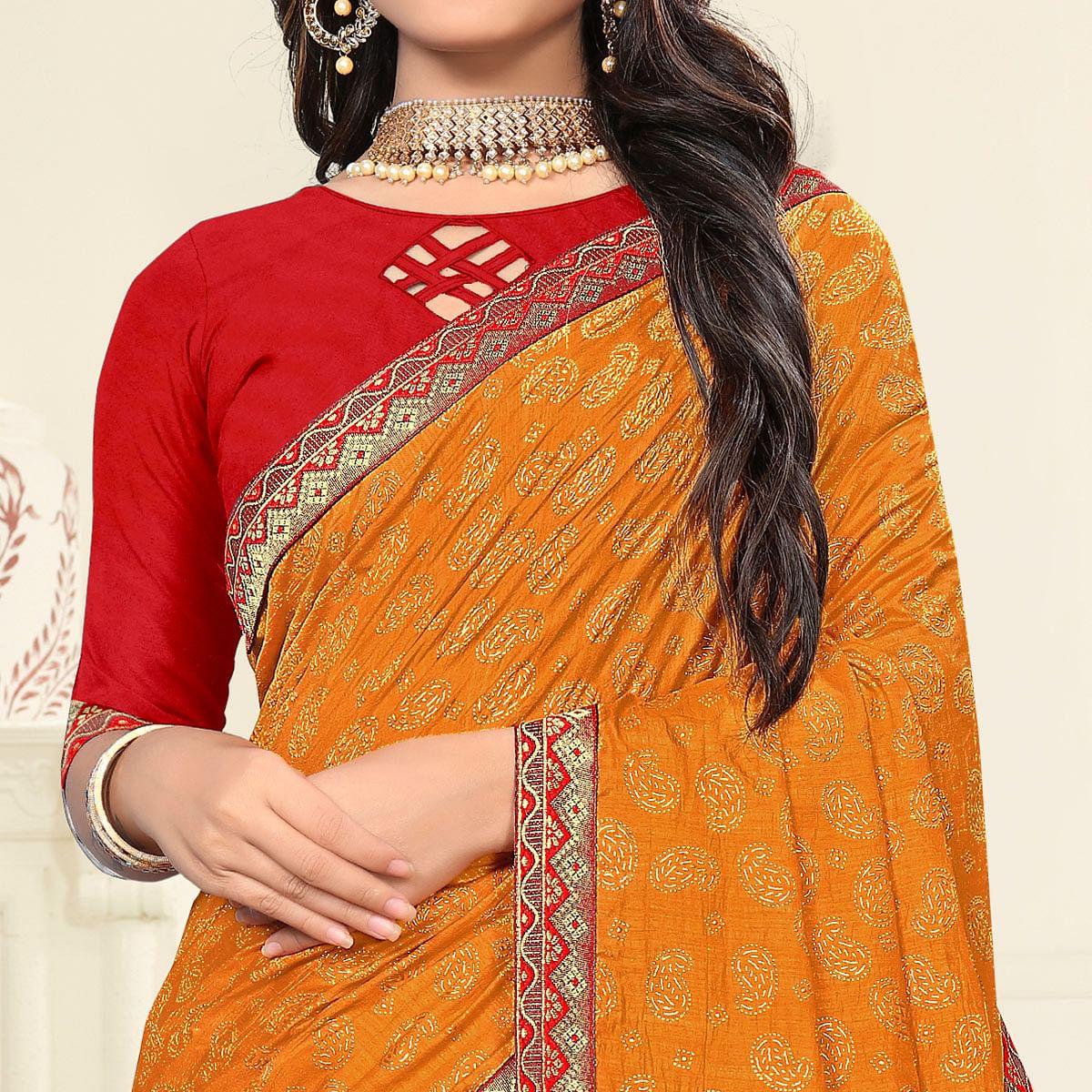 Mustard-Yellow Casual Wear Printed Vichitra Silk Saree - Peachmode