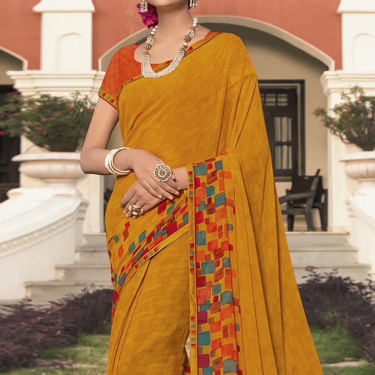 Mustard-Yellow Casual Wear Solid Georgette Saree - Peachmode