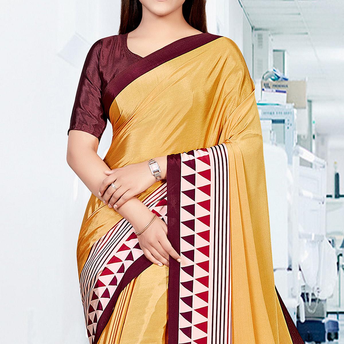 Mustard-Yellow Casual Wear Solid Silk Saree - Peachmode
