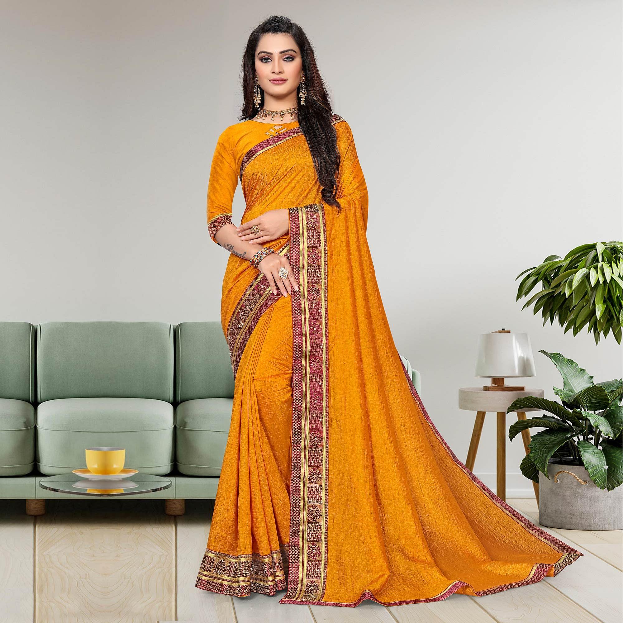 Mustard-Yellow Casual Wear Solid Vichitra Silk Saree - Peachmode