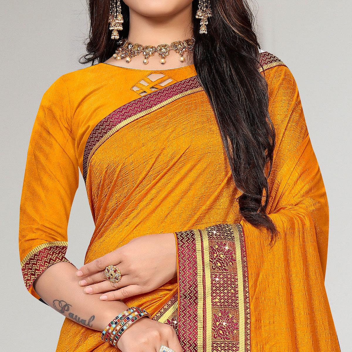 Mustard-Yellow Casual Wear Solid Vichitra Silk Saree - Peachmode