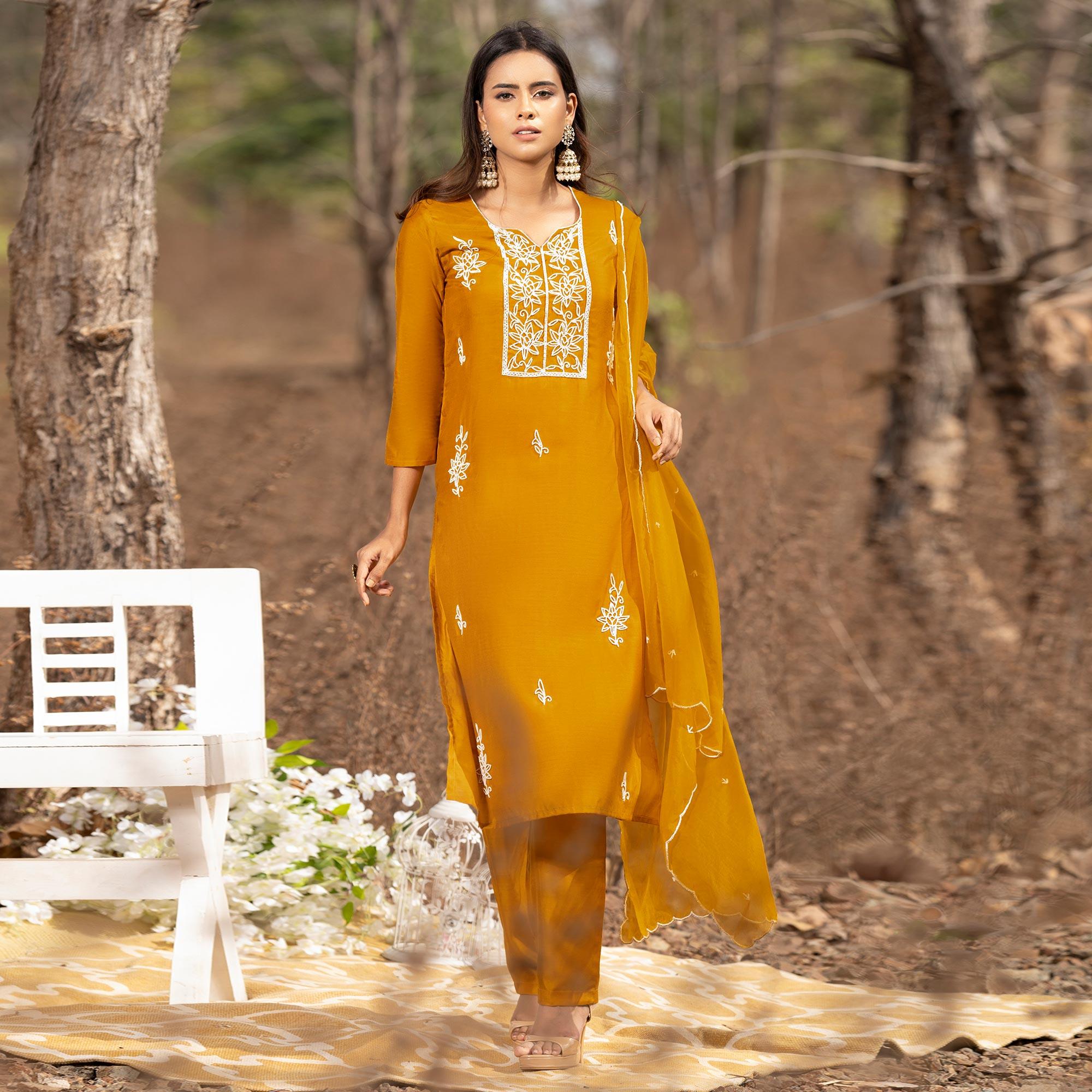 Mustard-Yellow Embellished With Embroidered Muslin Kurti Pant Set With Dupatta - Peachmode