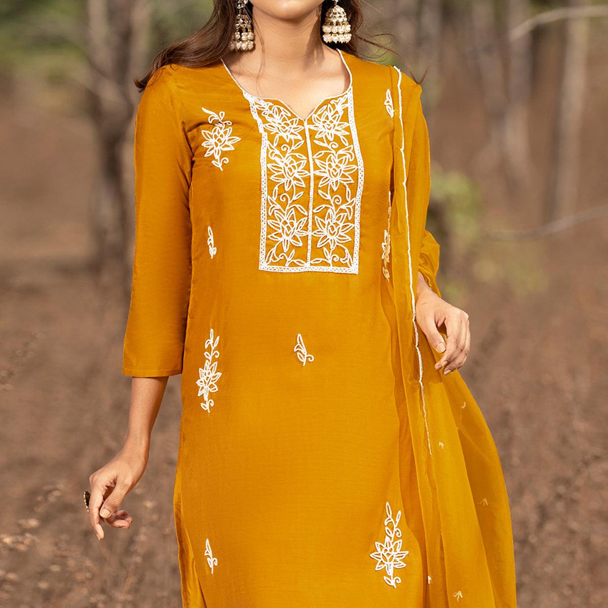 Mustard-Yellow Embellished With Embroidered Muslin Kurti Pant Set With Dupatta - Peachmode