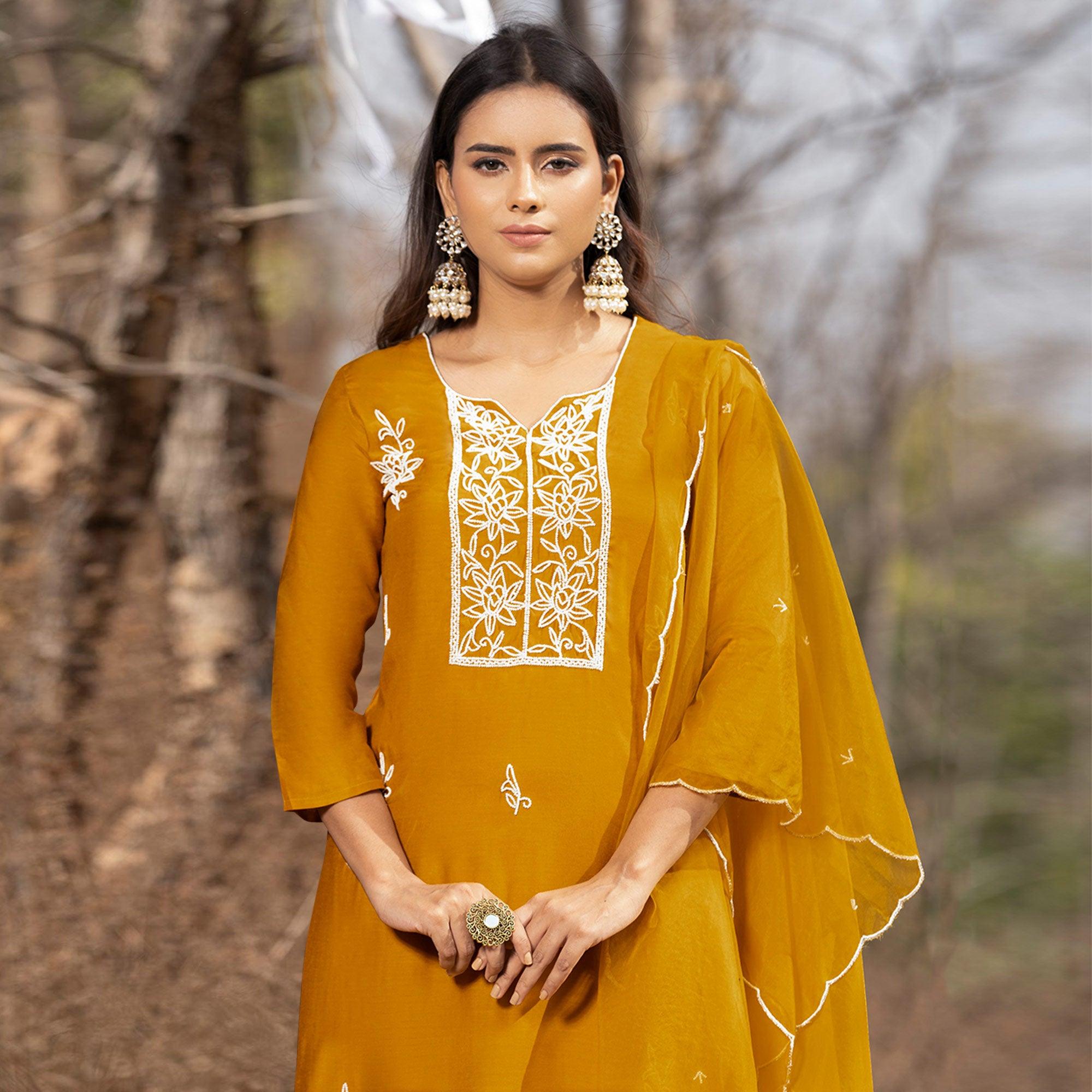 Mustard-Yellow Embellished With Embroidered Muslin Kurti Pant Set With Dupatta - Peachmode