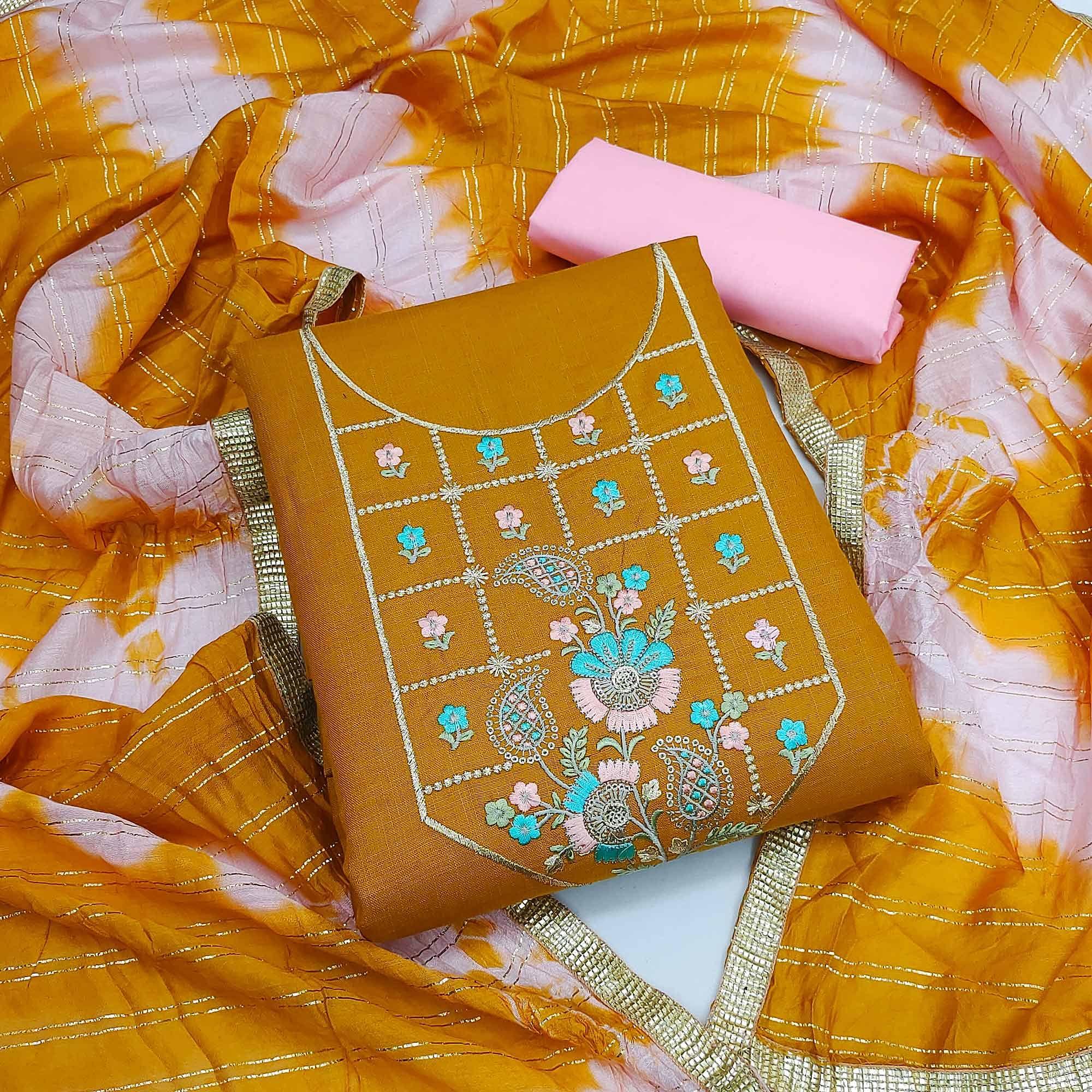 mustard yellow dress material Mustard-Yellow Embroidered Cotton Dress Material