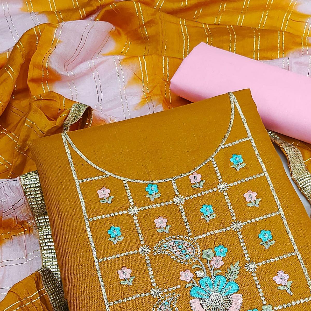Mustard-Yellow Embroidered Cotton Dress Material - Peachmode