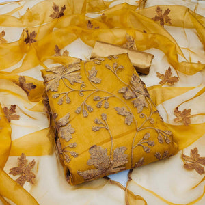 Mustard Yellow Embroidered Organza Dress Material - Peachmode