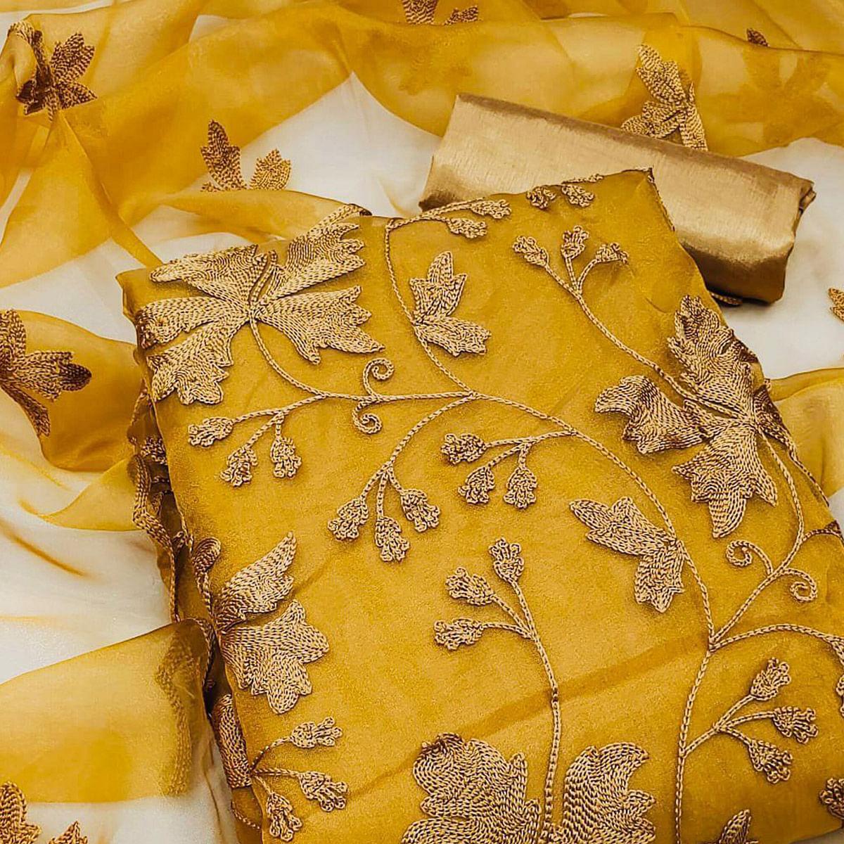 Mustard Yellow Embroidered Organza Dress Material - Peachmode