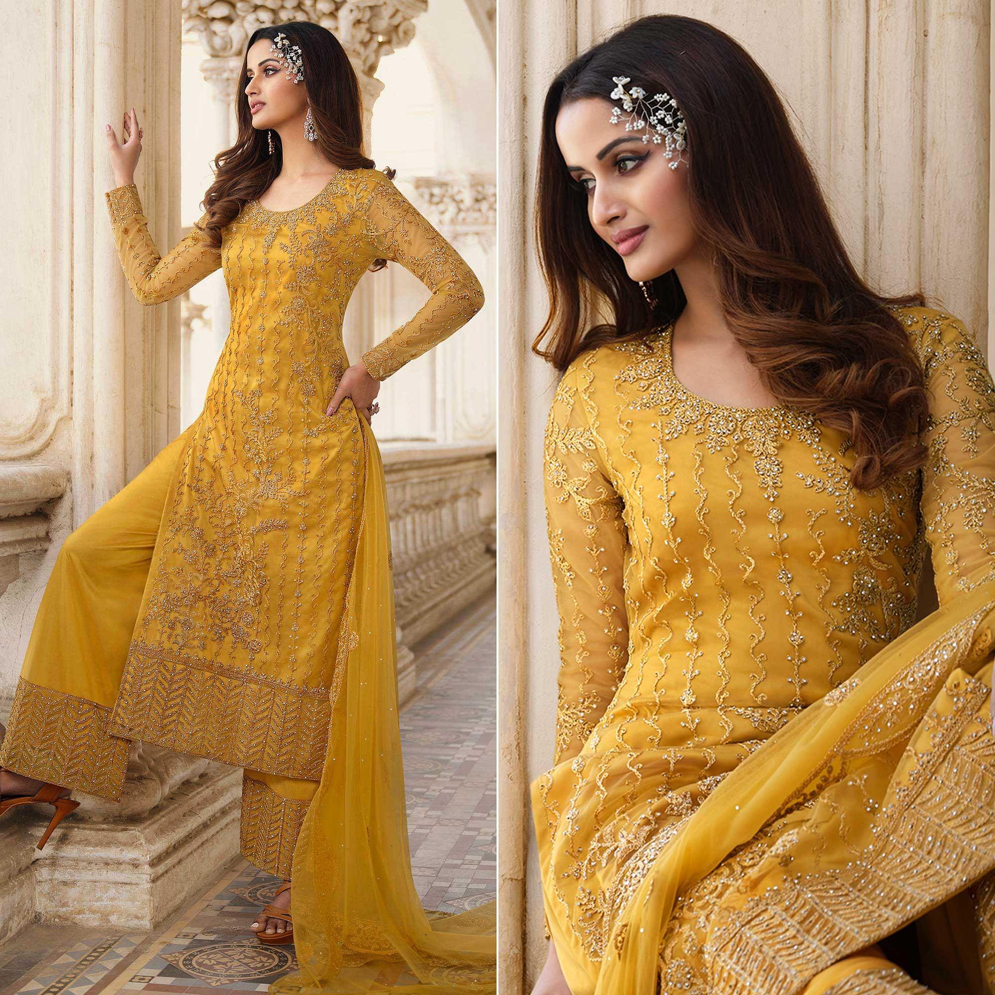 Mustard-Yellow Embroidery With Embellished Net Partywear Suit - Peachmode