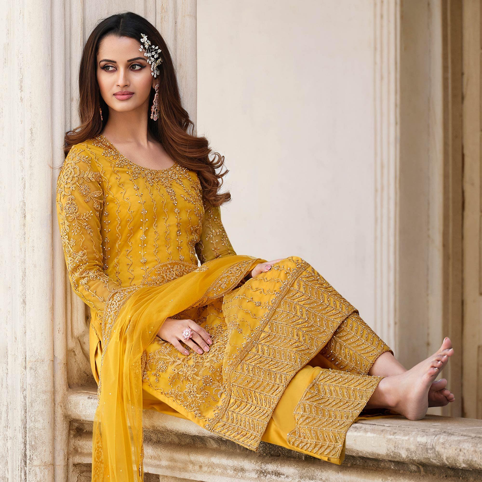 Mustard-Yellow Embroidery With Embellished Net Partywear Suit - Peachmode