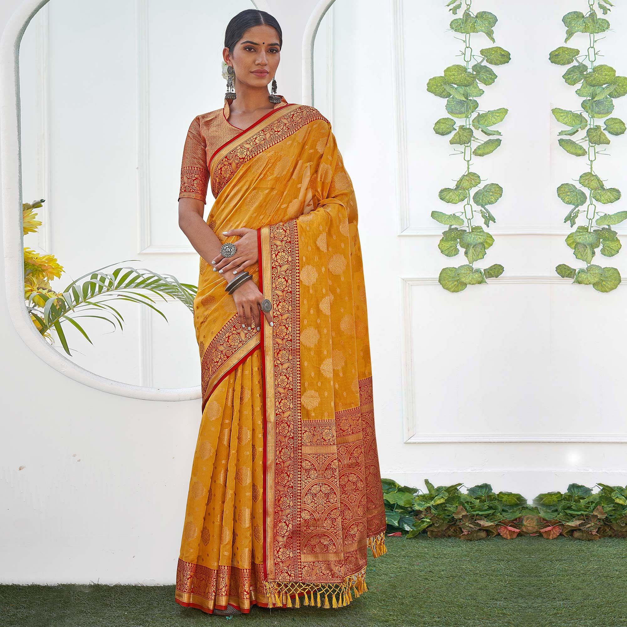 Mustard Yellow Festive Wear Banarasi Woven Organza Saree With Tassels - Peachmode