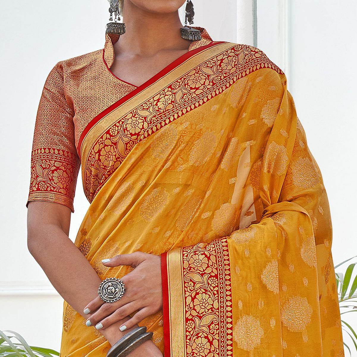 Mustard Yellow Festive Wear Banarasi Woven Organza Saree With Tassels - Peachmode