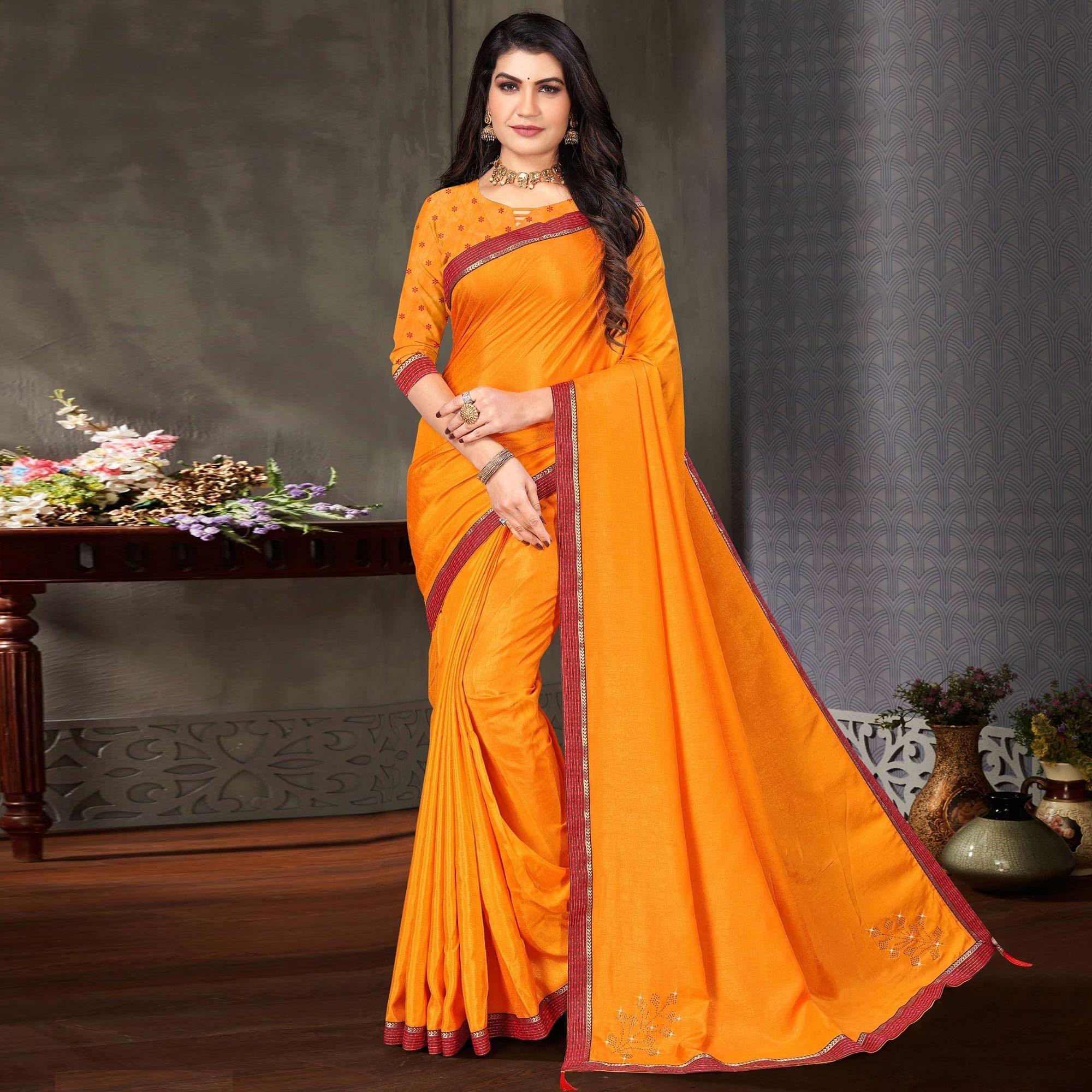 Mustard-Yellow Festive Wear Embellished Art Silk Saree - Peachmode