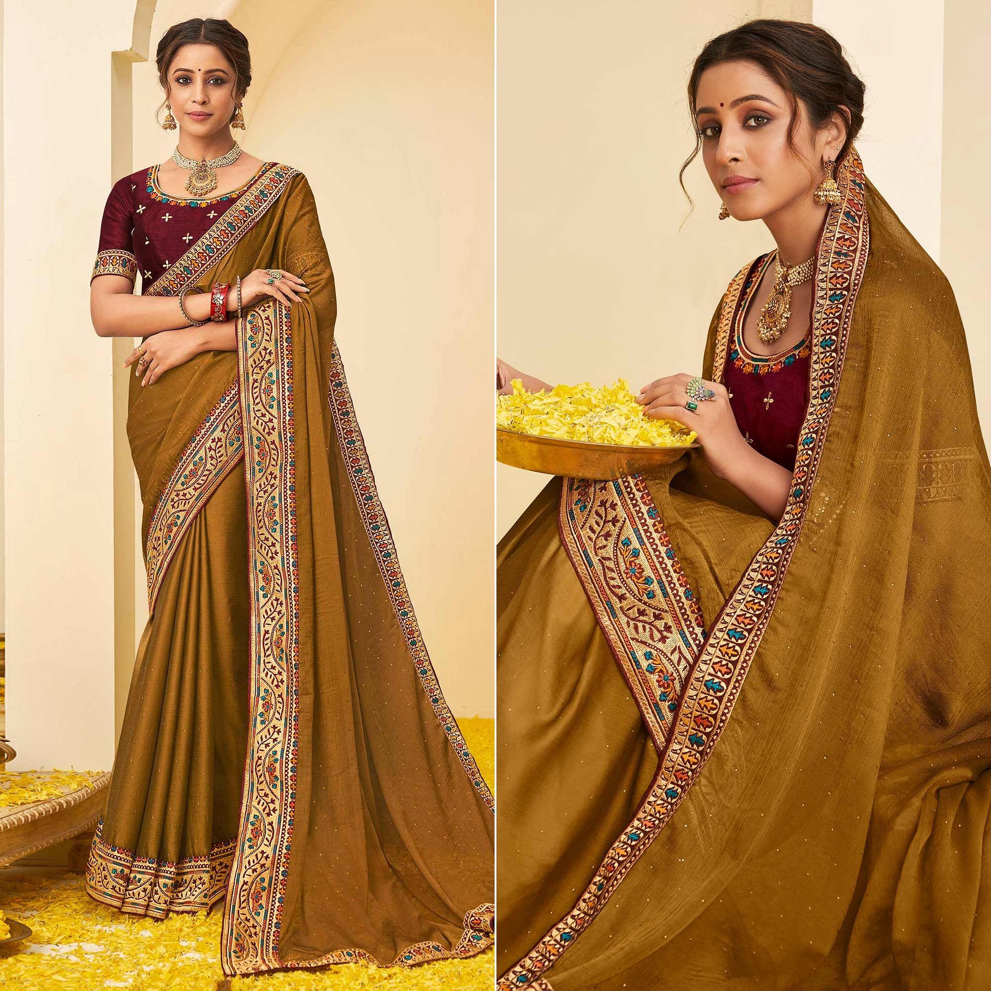 Mustard-Yellow Festive Wear Embellished Chiffon Saree With Heavy Lace - Peachmode