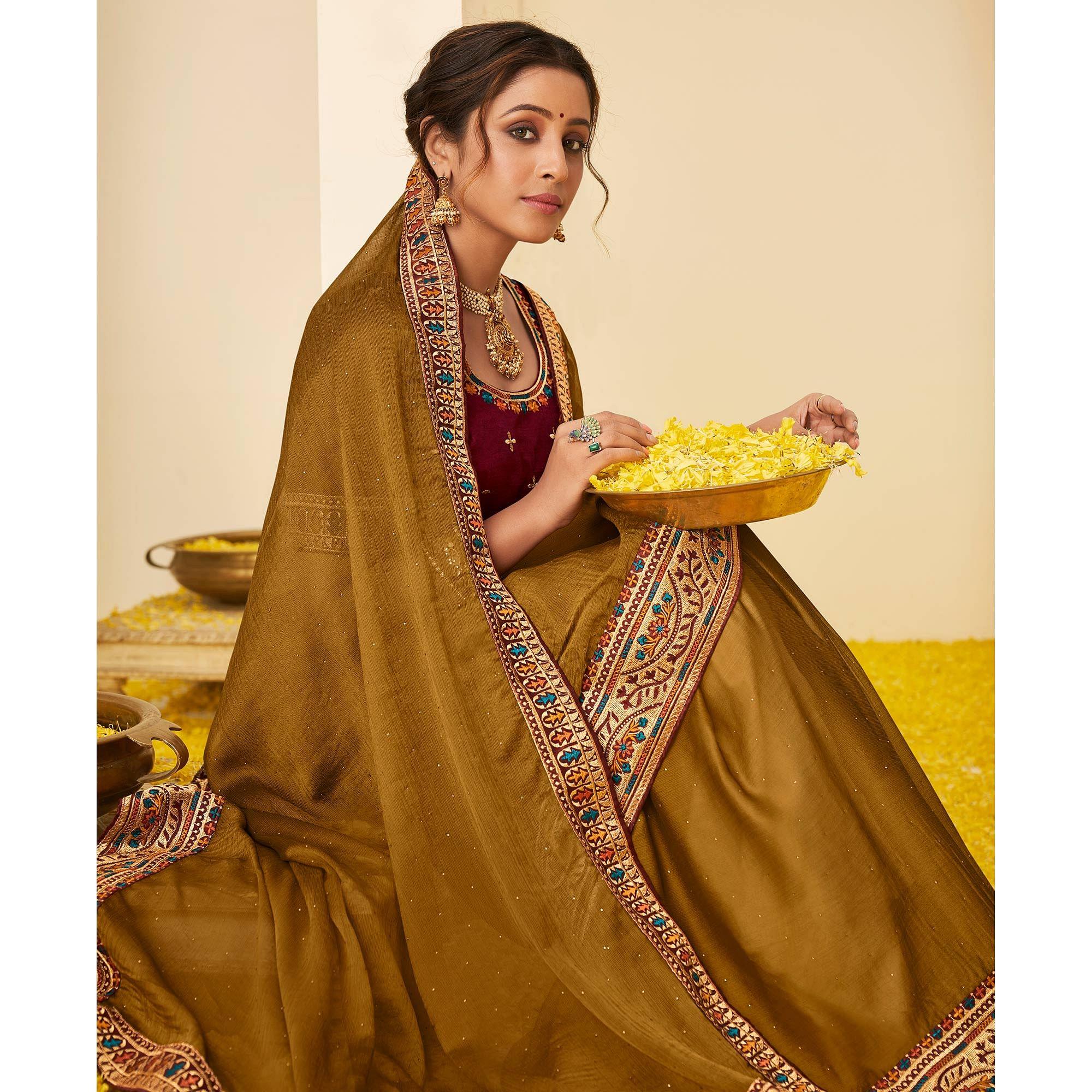 Mustard-Yellow Festive Wear Embellished Chiffon Saree With Heavy Lace - Peachmode