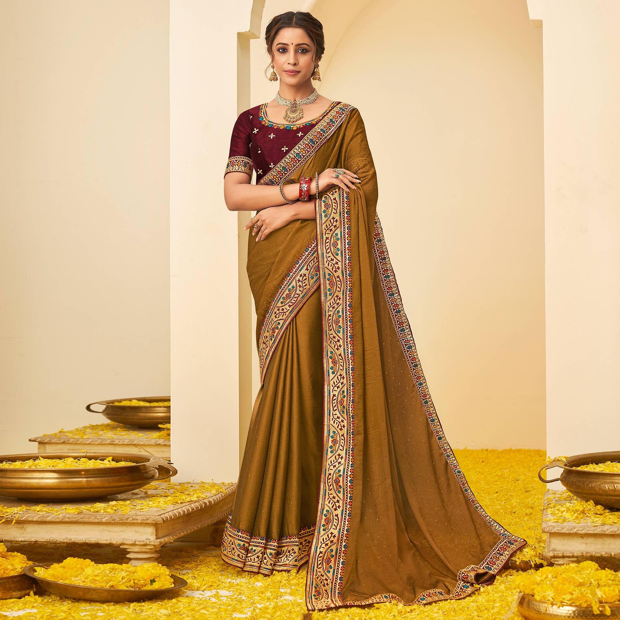 Mustard-Yellow Festive Wear Embellished Chiffon Saree With Heavy Lace - Peachmode