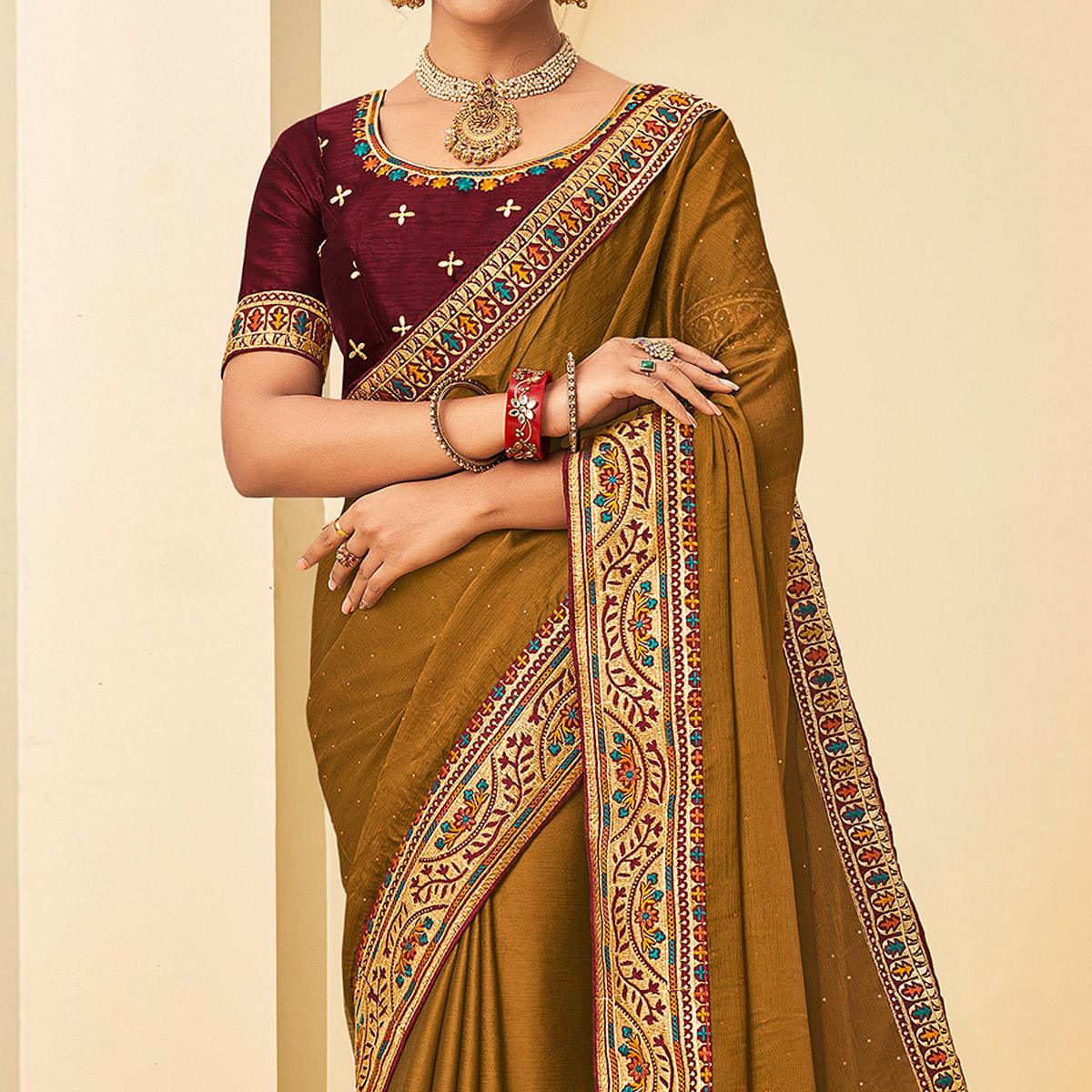 Mustard-Yellow Festive Wear Embellished Chiffon Saree With Heavy Lace - Peachmode