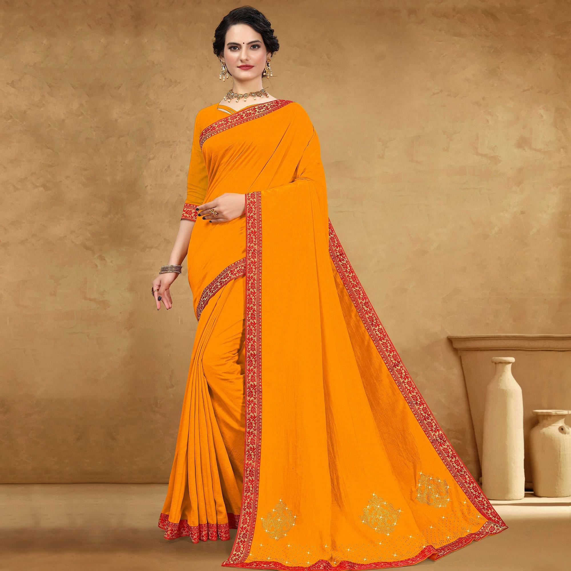 Mustard-Yellow Festive Wear Embellished Vichitra Silk Saree - Peachmode