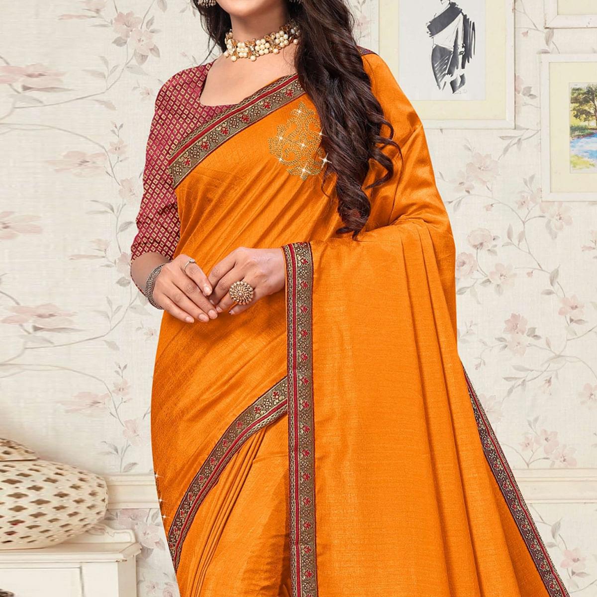 Mustard-Yellow Festive Wear Embellished Vichitra Silk Saree - Peachmode