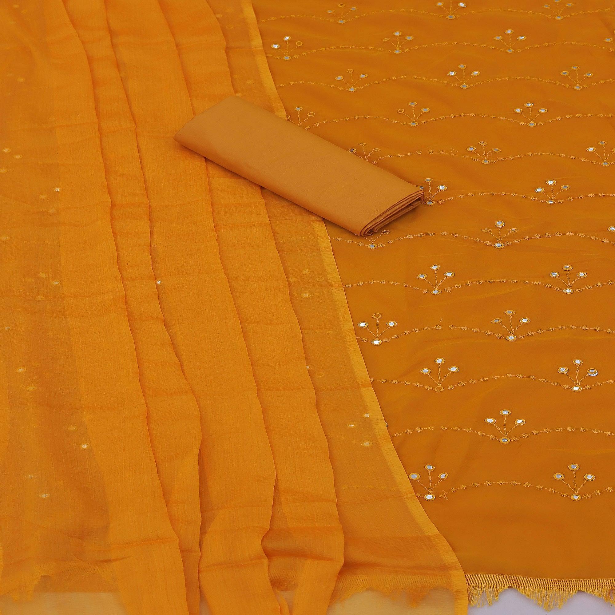 Mustard-Yellow Festive Wear Embellished With Embroidered Georgette Dress Material - Peachmode