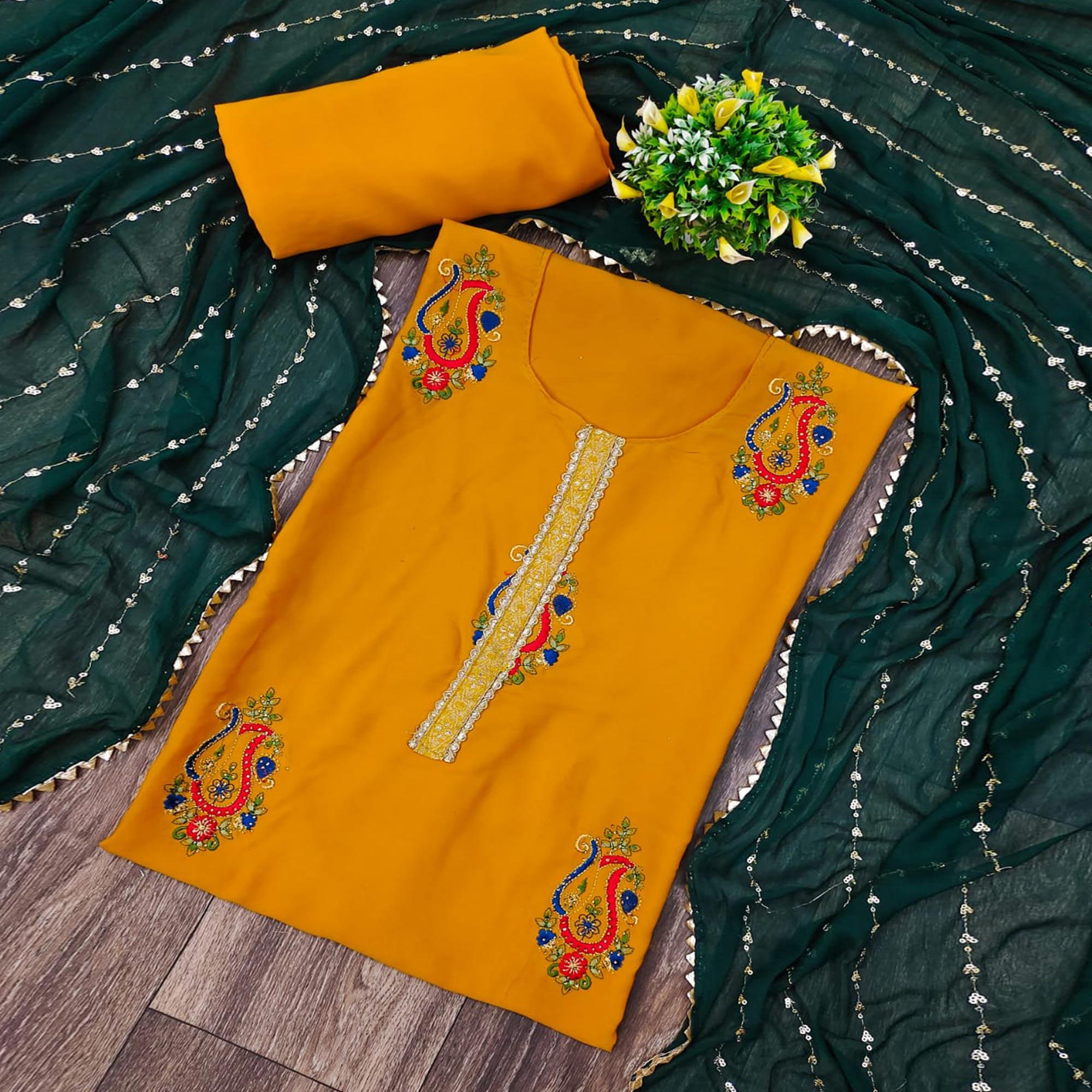 Mustard Yellow Festive Wear Embroidered Cotton Dress Material - Peachmode